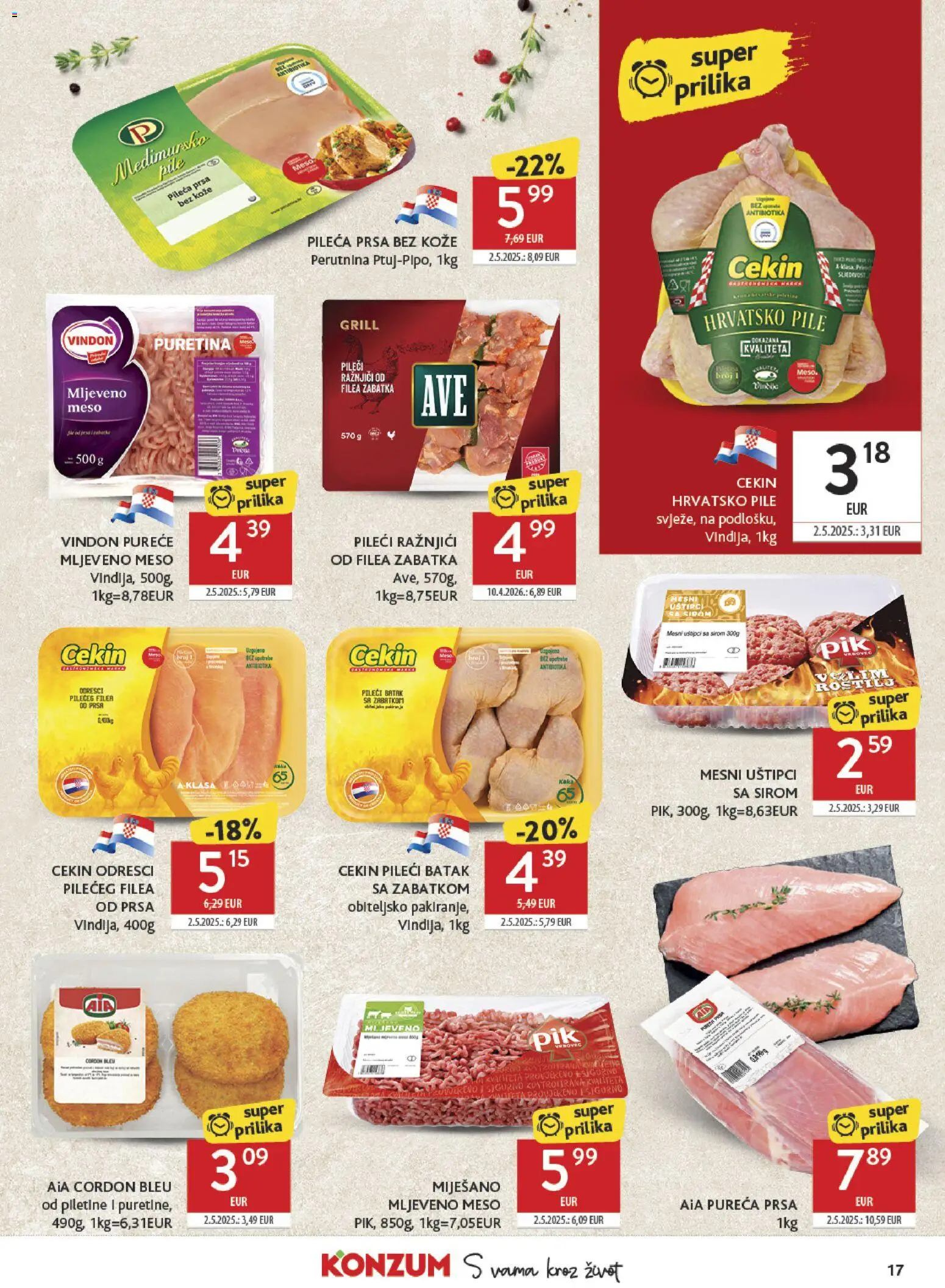 Konzum katalog | vrijedi od 03.06.2026 | Stranica: 17 | Proizvodi: Puretina, Meso, Mljeveno meso, Pileća prsa