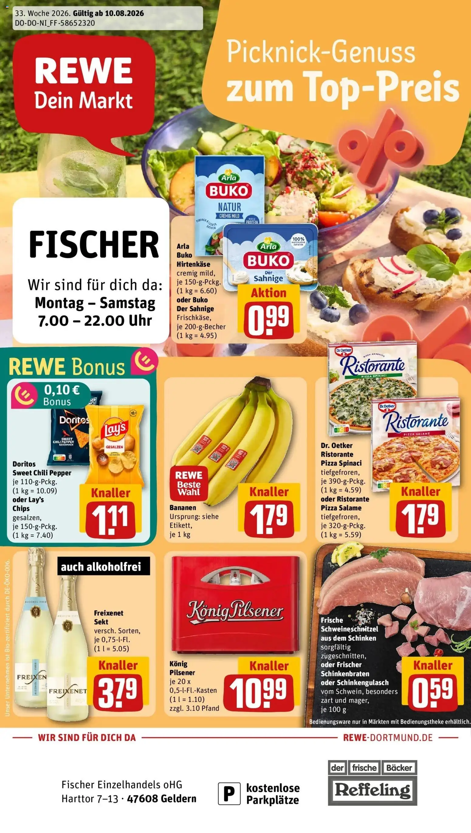 REWE Prospekt ab 10.08.2026 zum Blättern » Angebote | Seite: 1 | Produkte: Sekt, Bananen, Schinken, Uhr