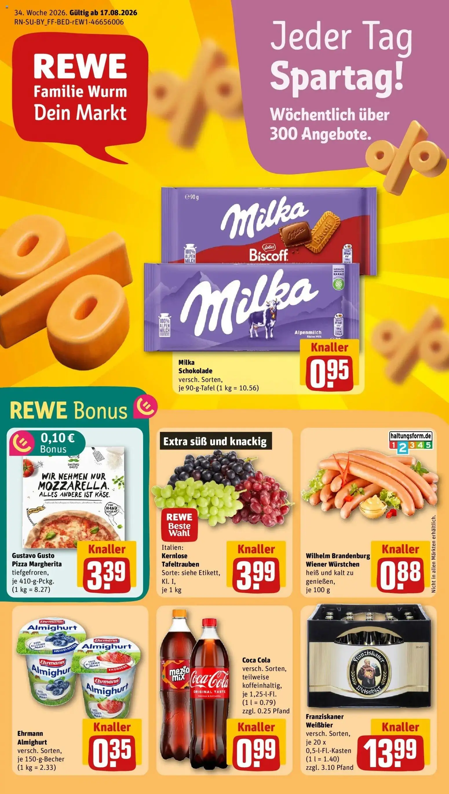 REWE Prospekt ab 17.08.2026 zum Blättern » Angebote | Seite: 1 | Produkte: Gustavo gusto, Wiener wurstchen, Ehrmann almighurt, Milka schokolade