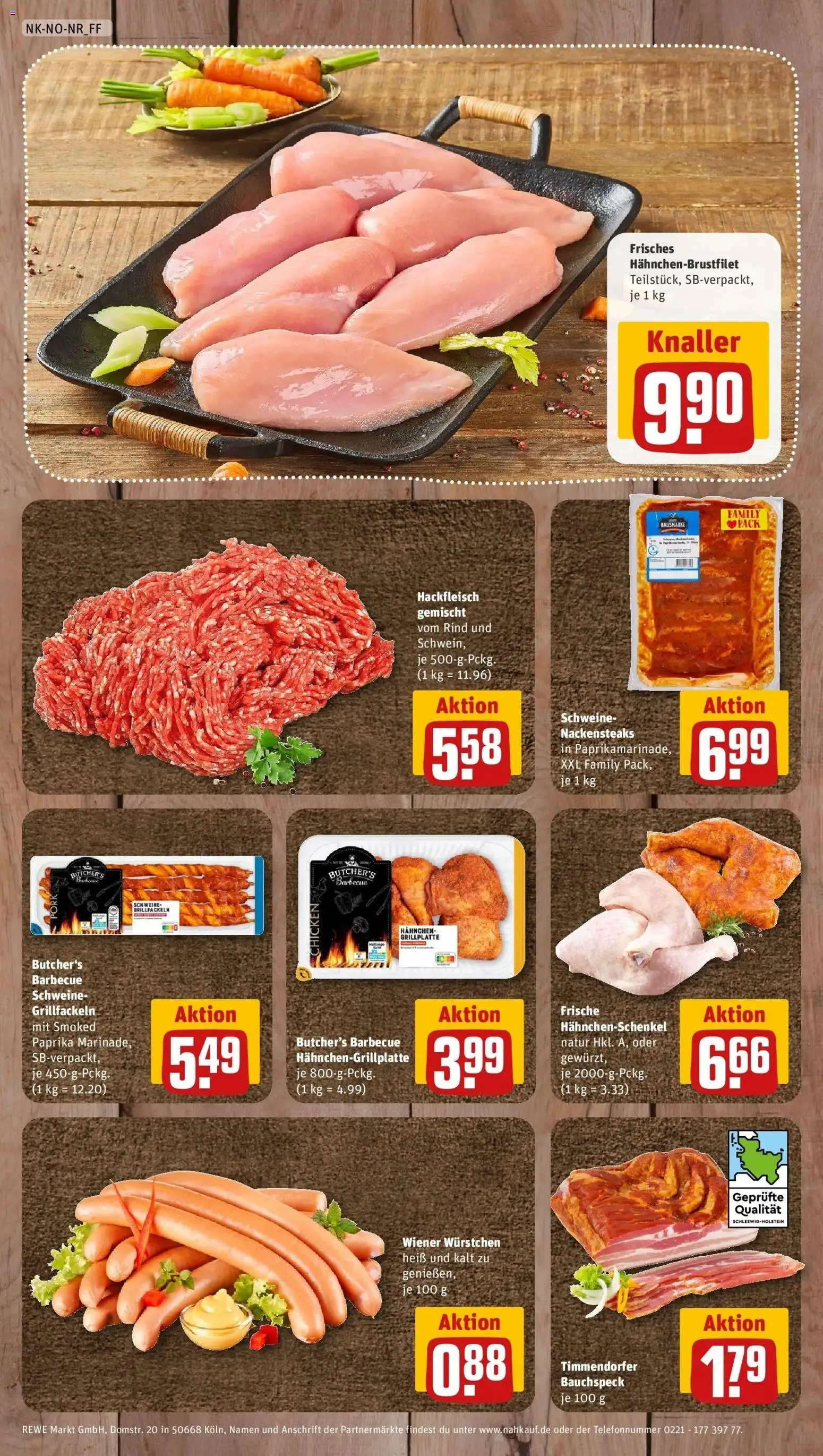 Rewe Prospekt Krempe – gültig ab 27.07.2026 | Seite: 8 | Produkte: Nackensteaks, Wiener wurstchen, Hahnchenschenkel, Hackfleisch
