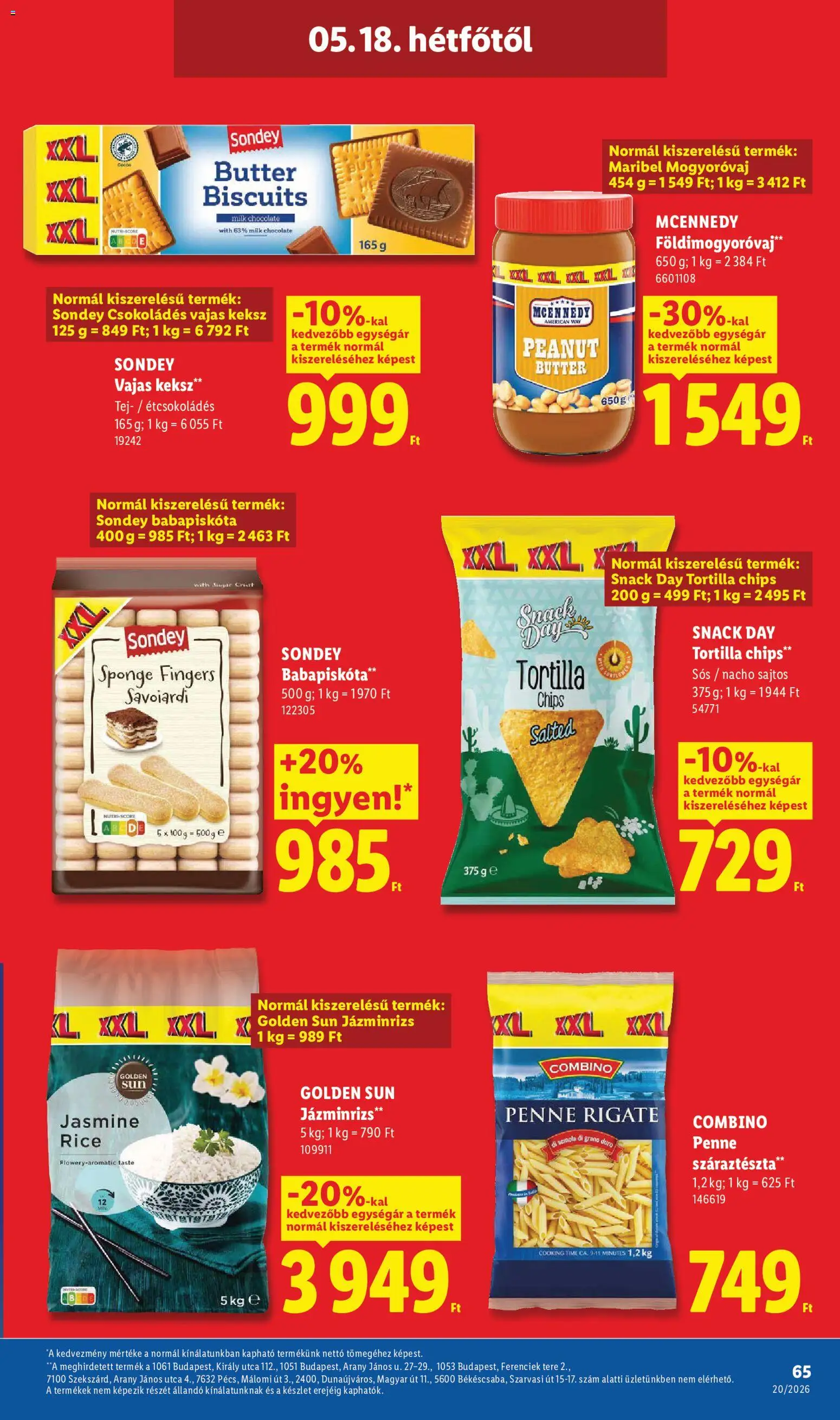 Lidl akciós ujság - amely érvényes a következő dátumtól: 14.05.2026 | Oldal: 65 | Termékek: Chips, Tortilla, Száraztészta, Keksz