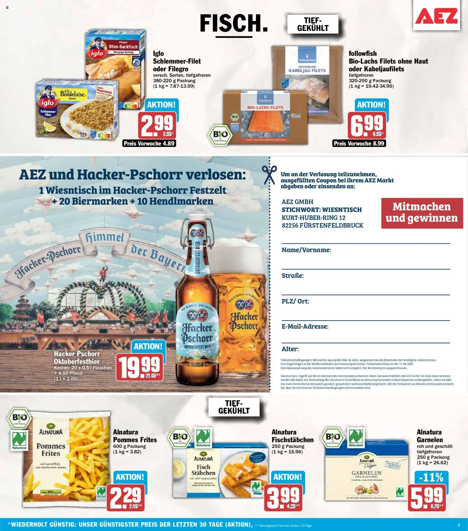 AEZ Prospekt – gültig ab 24.08.2026 | Seite: 7 | Produkte: Bier, Iglo, Pommes, Pommes frites