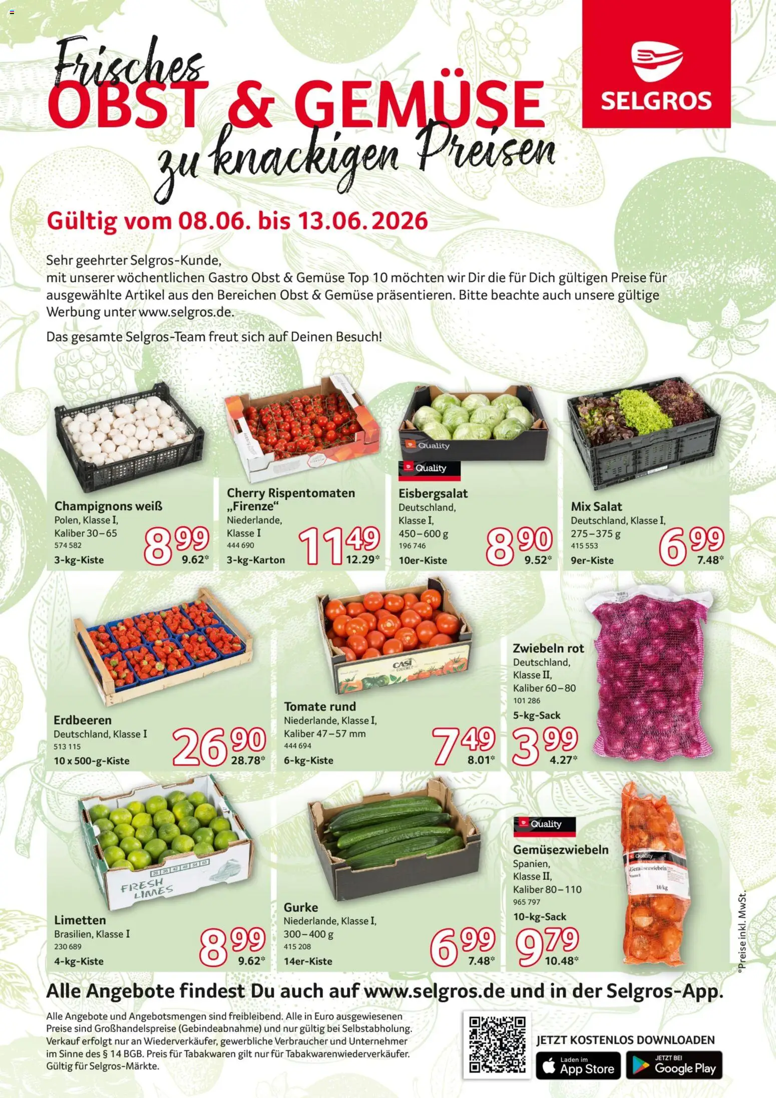 Selgros Obst & Gemüse – gültig ab 08.06.2026 | Seite: 1 | Produkte: Limetten, Zwiebeln, Erdbeeren, Salat