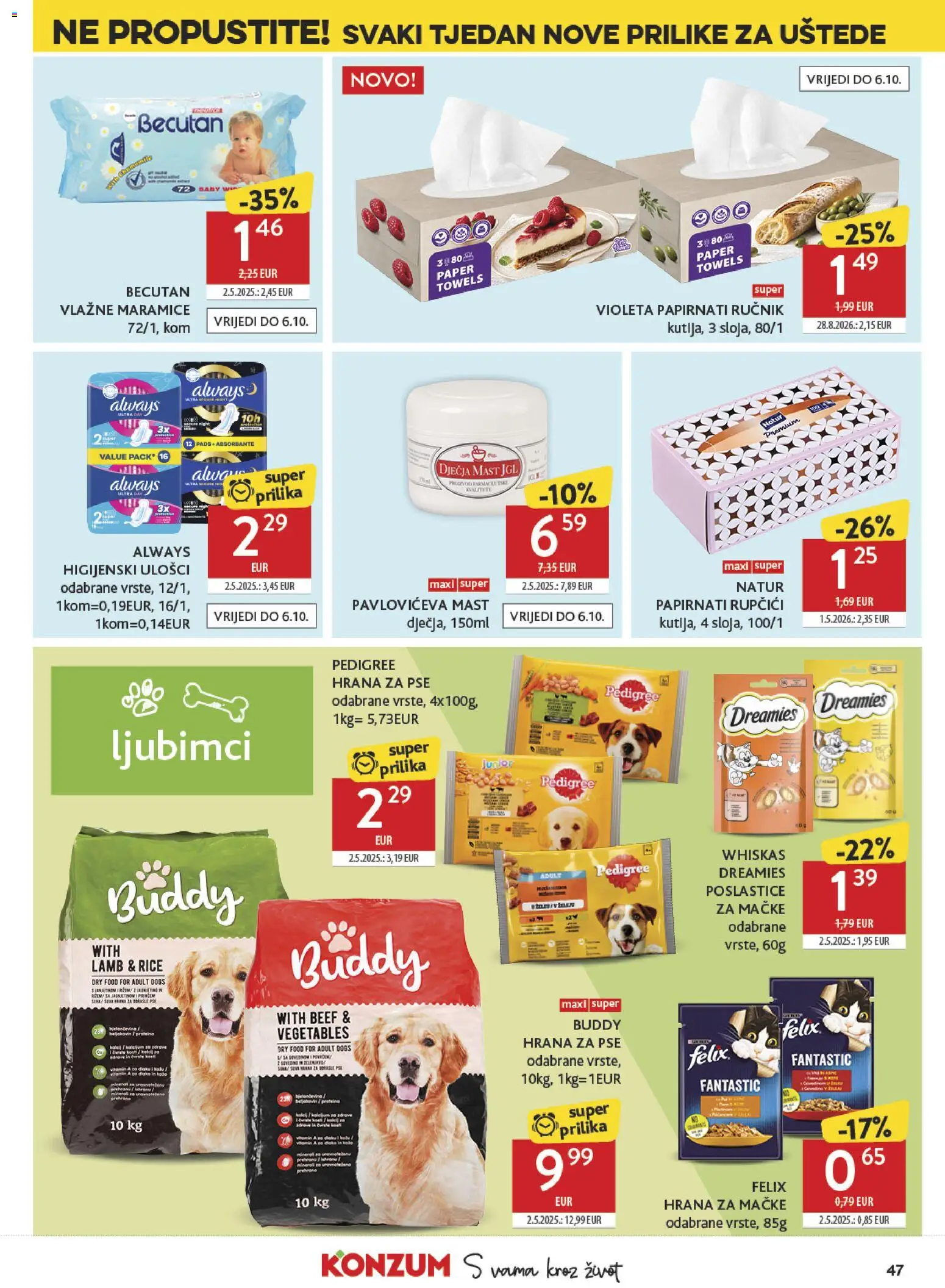 Konzum katalog | vrijedi od 23.09.2026 | Stranica: 47 | Proizvodi: Higijenski ulošci, Vlažne maramice, Maramice, Hrana za mačke