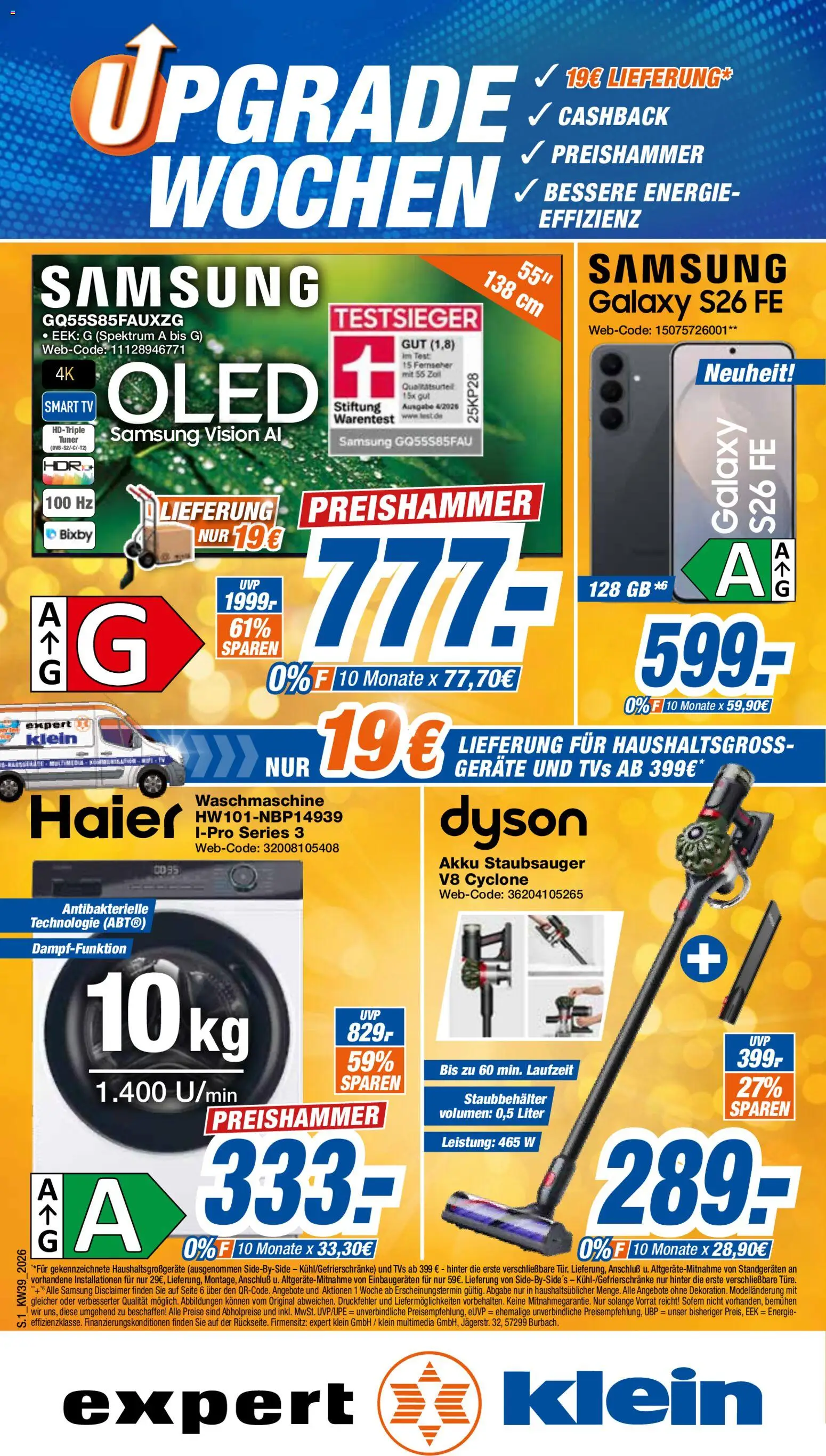 Expert Prospekt Giessen – gültig ab 19.09.2026 | Seite: 1 | Produkte: Staubsauger, Waschmaschine, Samsung, Fernseher