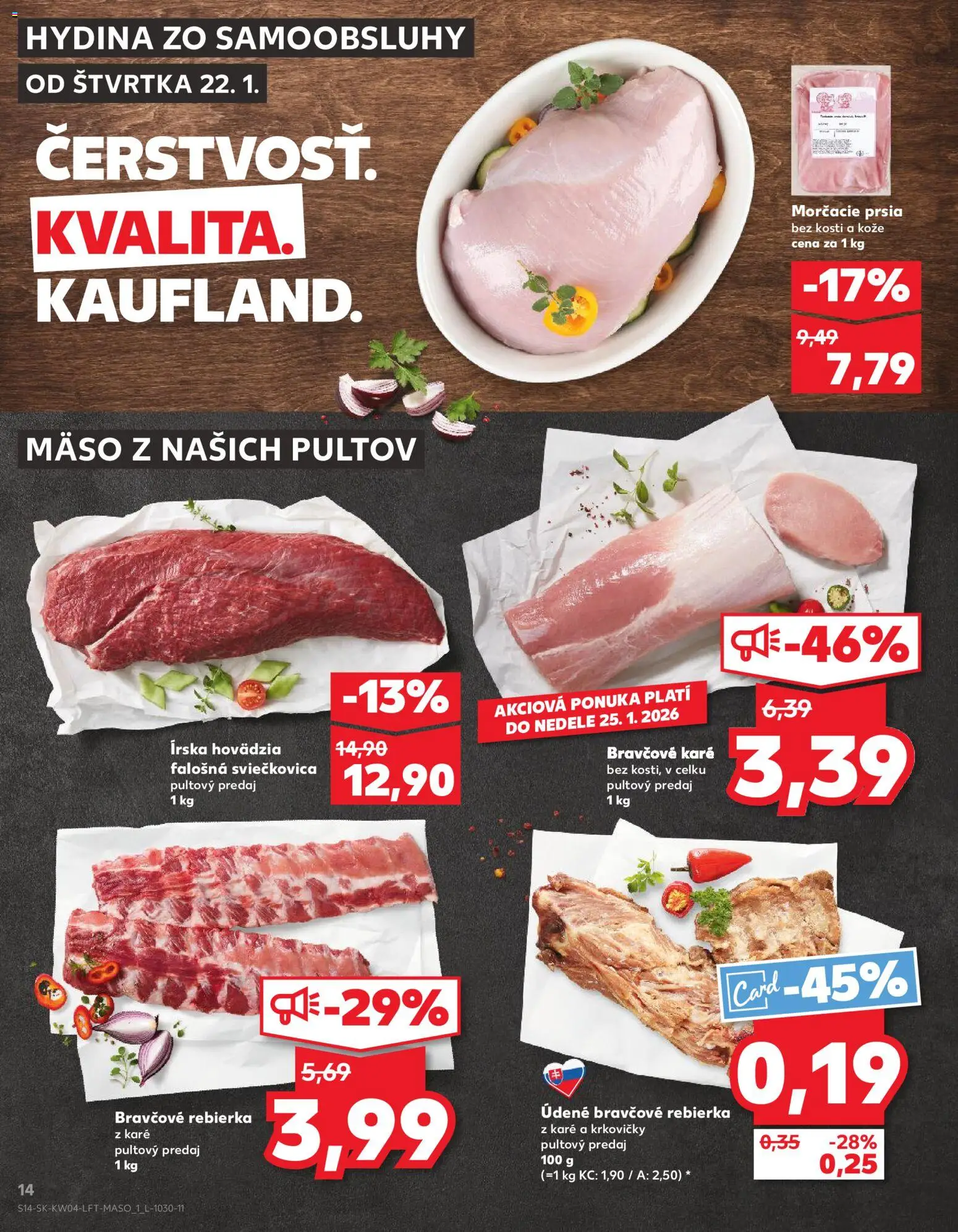 Nové Kaufland akcie – leták je platný od 22.01.2026 | Strana: 14 | Produkty: Mäso, Morčacie prsia, Bravčové karé