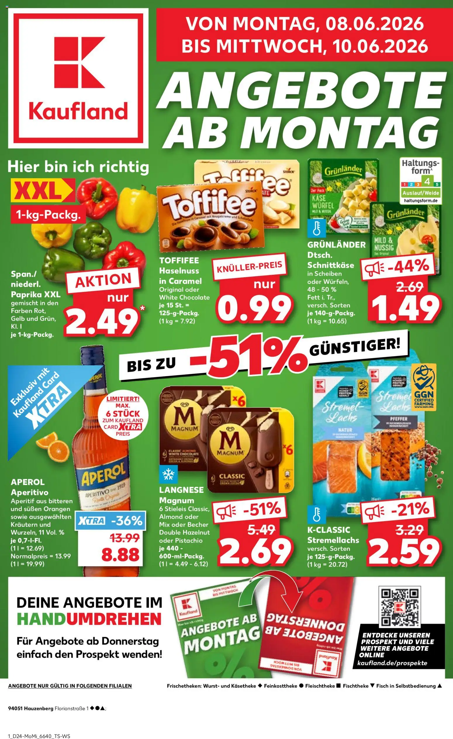 Kaufland Německo leták - Angebote ab Montag od 08.06.2026 | Strana: 1 | Produkty: Toffifee, Paprika, Aperol, Kaše