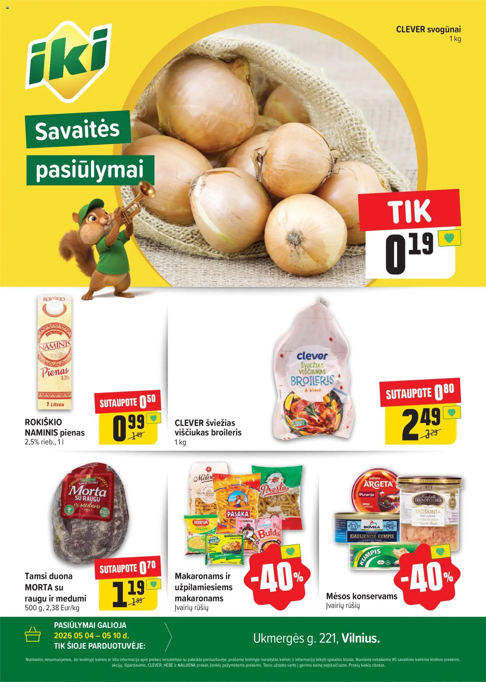 IKI akcijos nuo 05.05.2026 | Puslapis: 1 | Prekių: Kiaulienos, Svogūnai, Duona, Kumpis