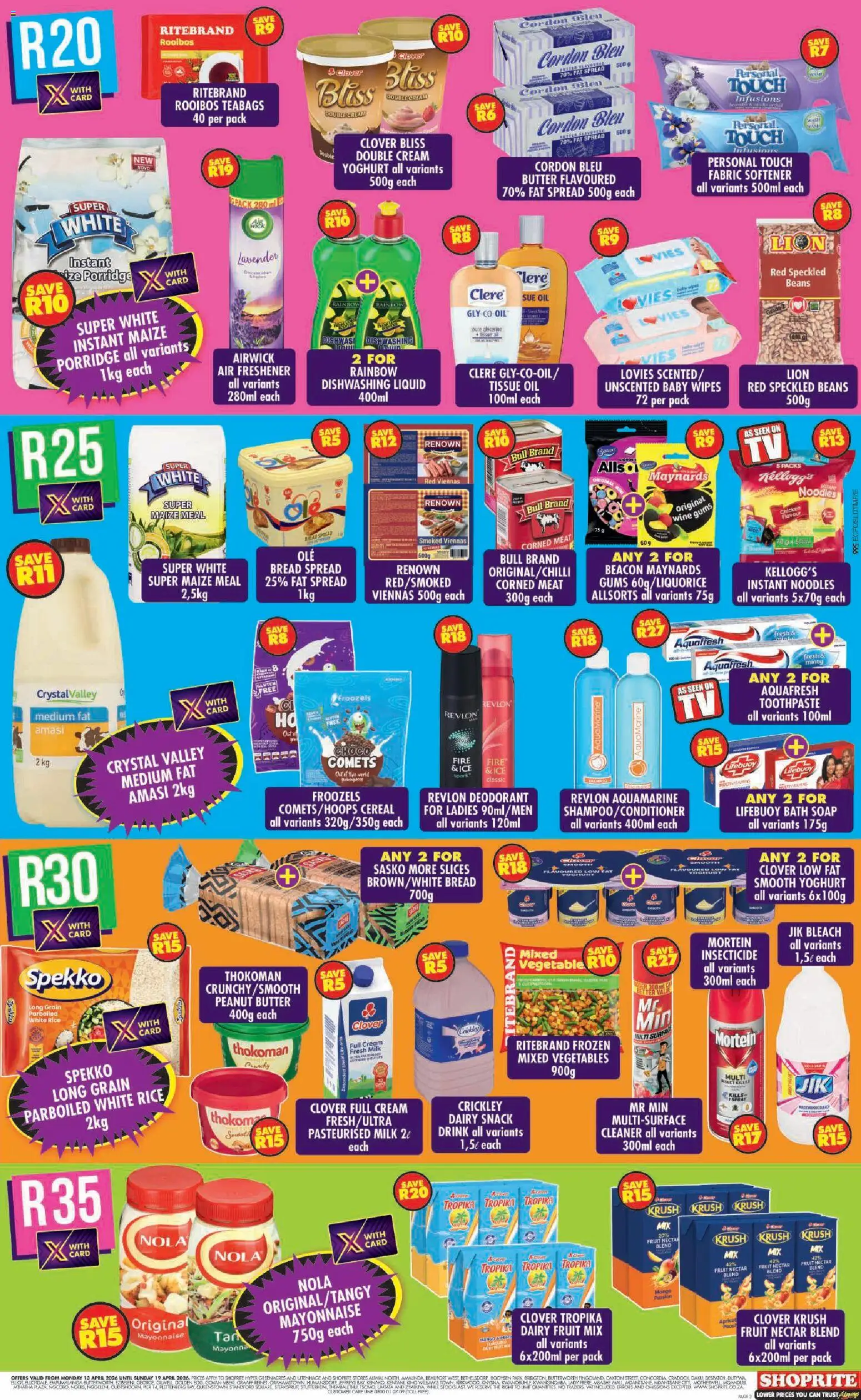 New Shoprite catalogue – valid from 13.04.2026 | Page: 3 | Products: Maize meal, Conditioner, Deodorant, Fabric softener