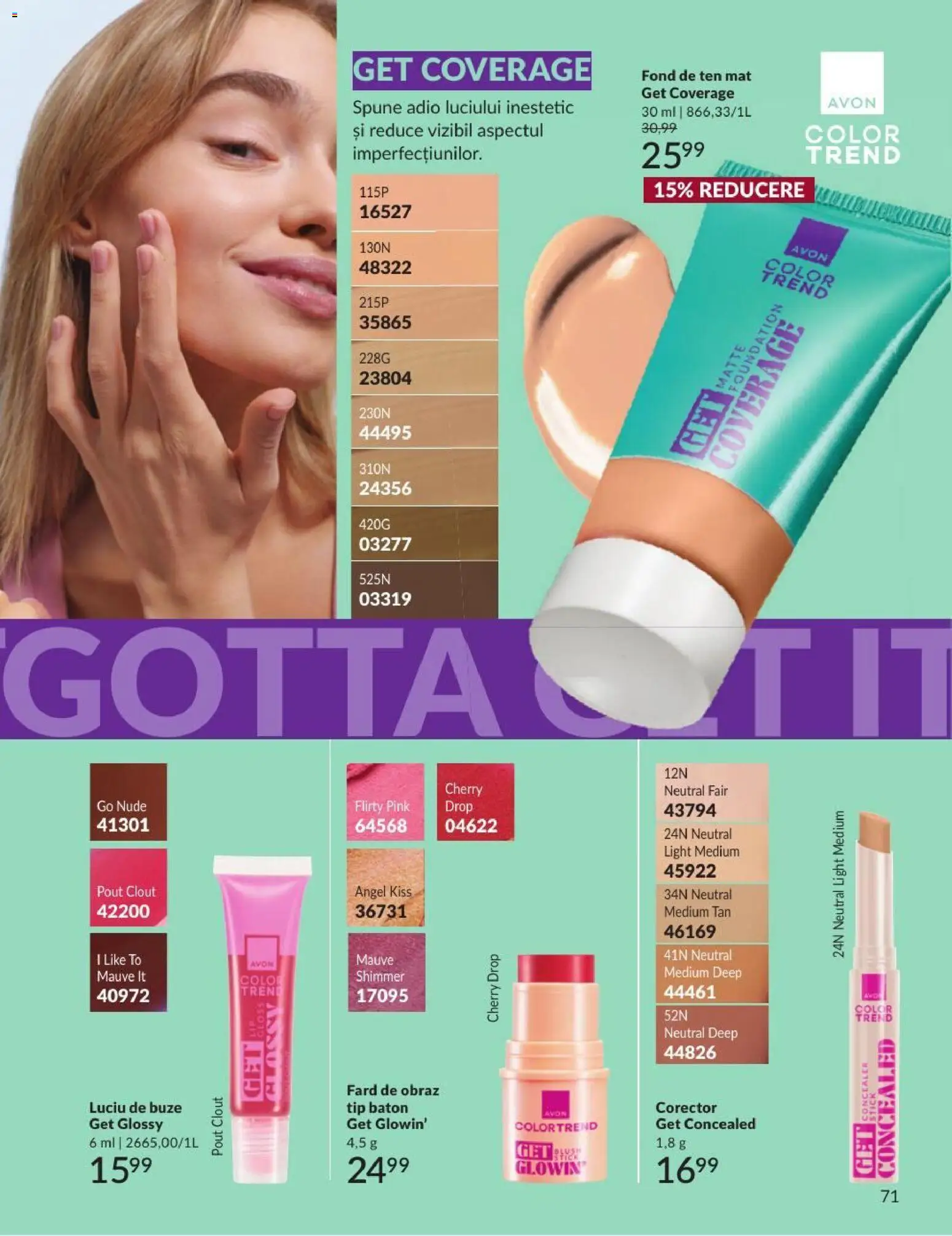Noul catalog Avon – valabil de la 01.09.2026 | Pagină: 71 | Produse: Fond de ten, Concealer, Luciu de buze, Tip