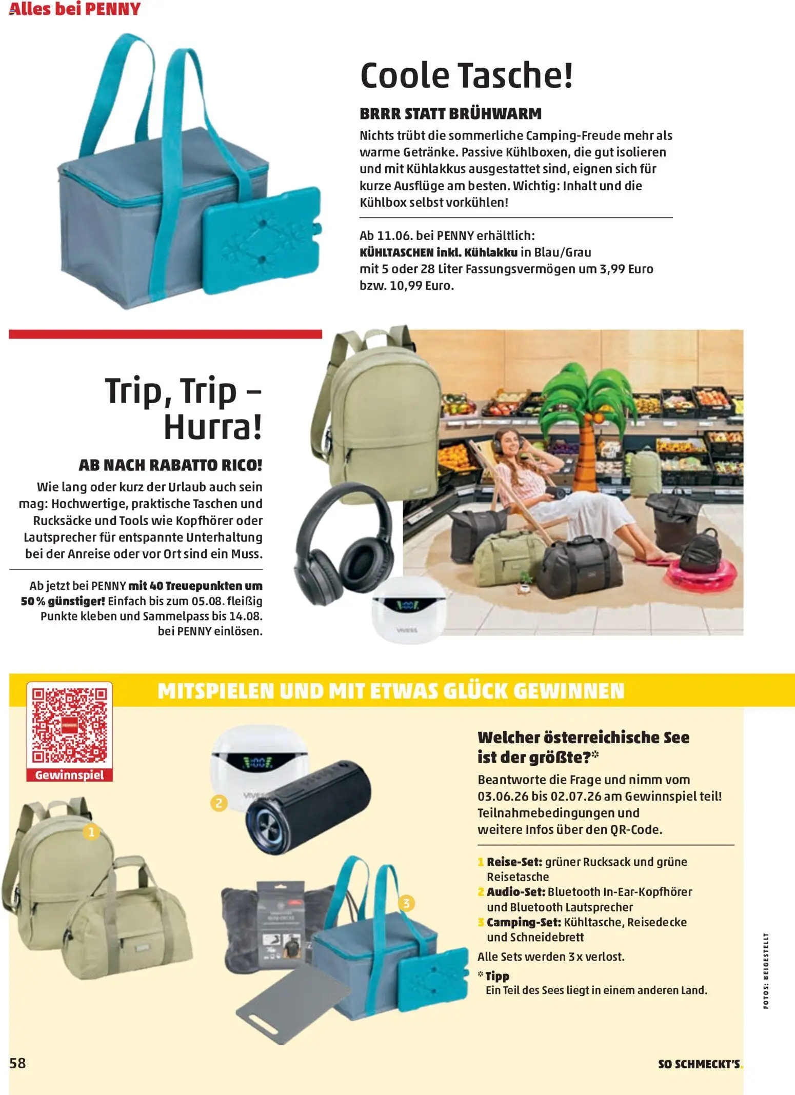 Penny Markt Schmankerl Post gültig ab 31.05.2026 | Seite: 58 | Produkte: Rucksack, Reisetasche, Kopfhörer, Lautsprecher