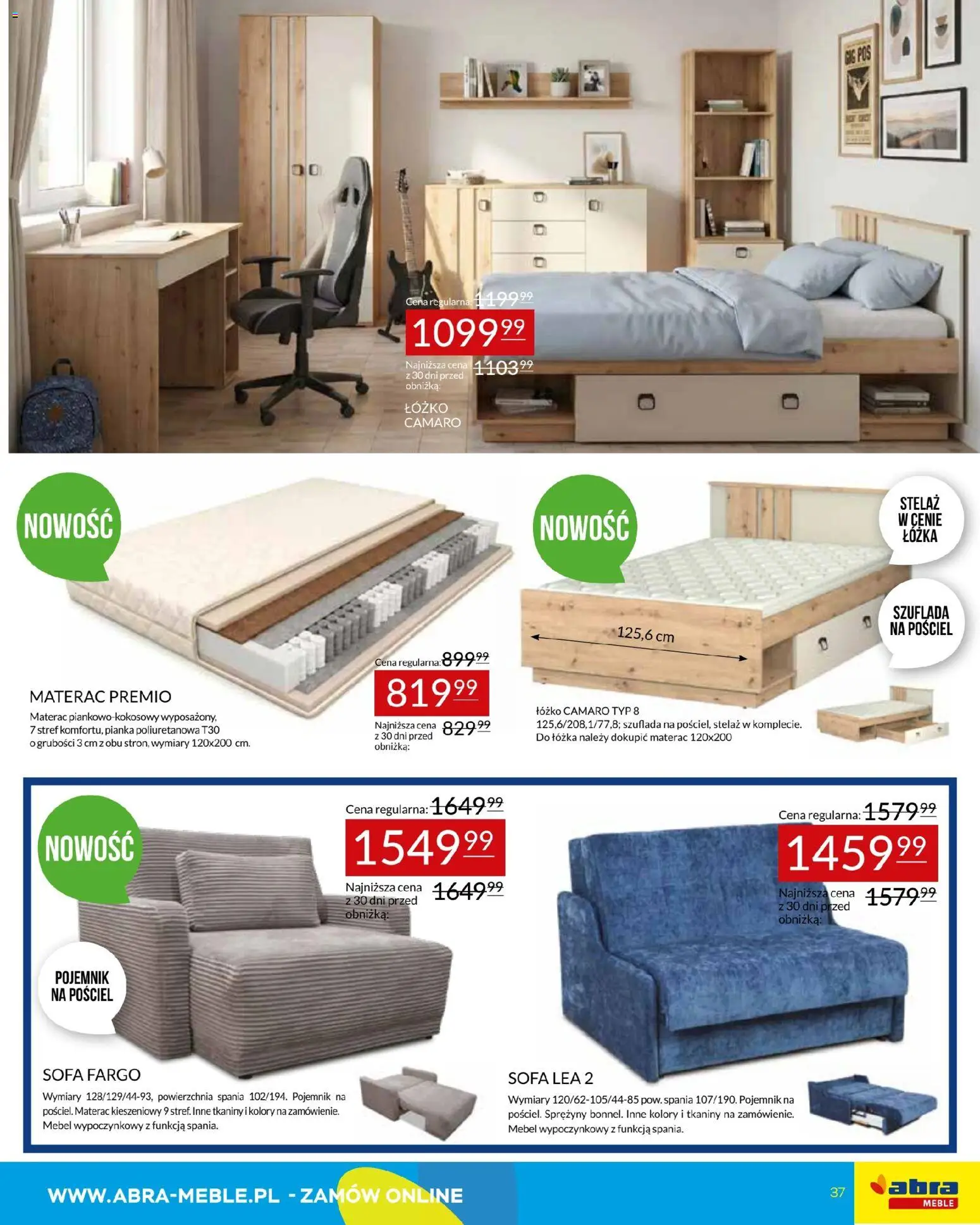 Abra meble gazetka od 27.07.2026 | Strona: 37 | Produkty: Pościel, Łóżko, Materac, Sofa