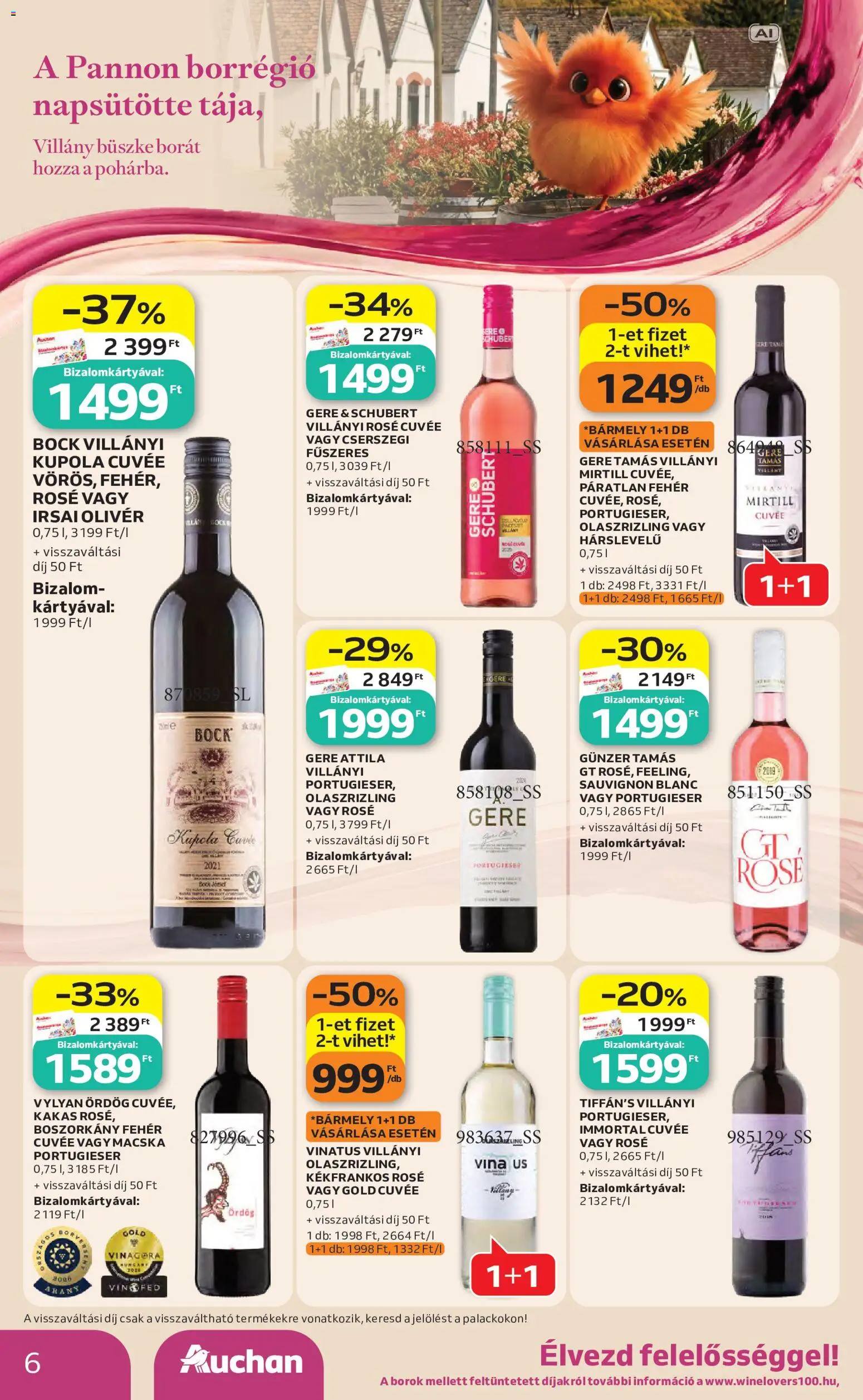 Auchan akciós ujság - amely érvényes a következő dátumtól: 2026.10.01. | Oldal: 6 | Termékek: Irsai Olivér, Cuvée, Rosé