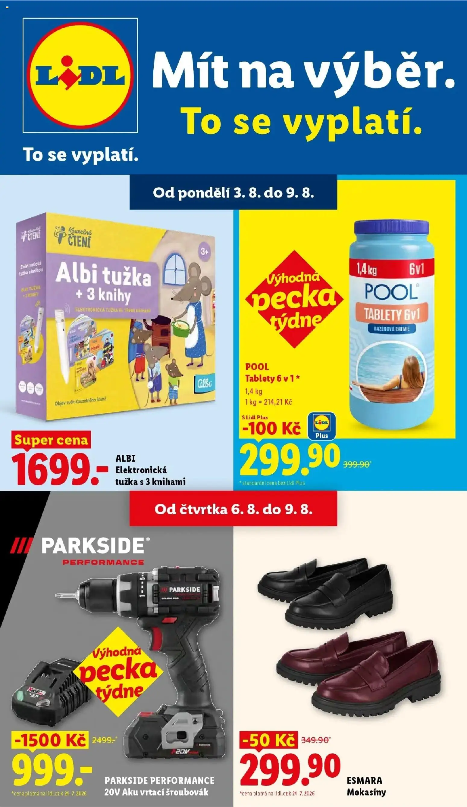 Lidl aktuální leták - Spotřební zboží od 03.08.2026 | Strana: 1 | Produkty: Bazénová chemie, Knihy, Mokasíny, Šroubovák