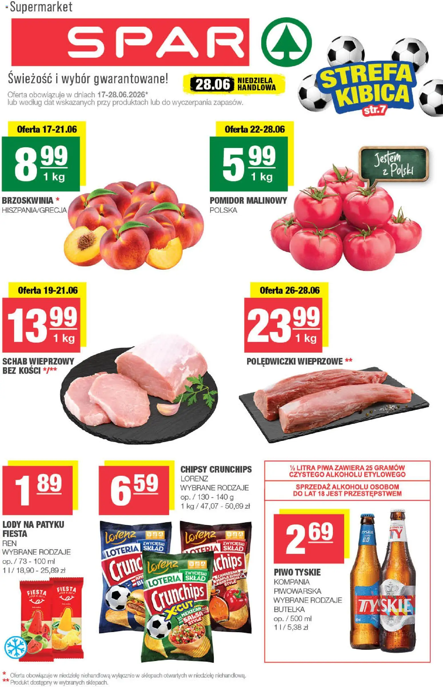 Spar gazetka od 17.06.2026 | Strona: 1 | Produkty: Schab wieprzowy bez kości, Polędwiczki wieprzowe, Tyskie, Piwo