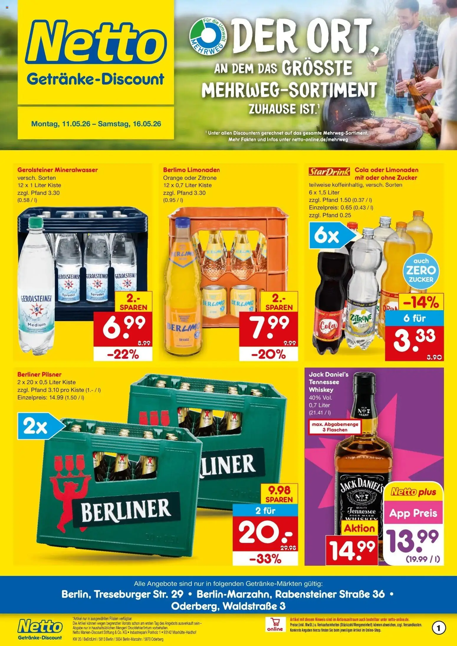 Netto Marken-Discount Prospekt Berlin	 – gültig ab 10.05.2026 | Seite: 1 | Produkte: Cola, Zucker, Gerolsteiner, Berliner pilsner