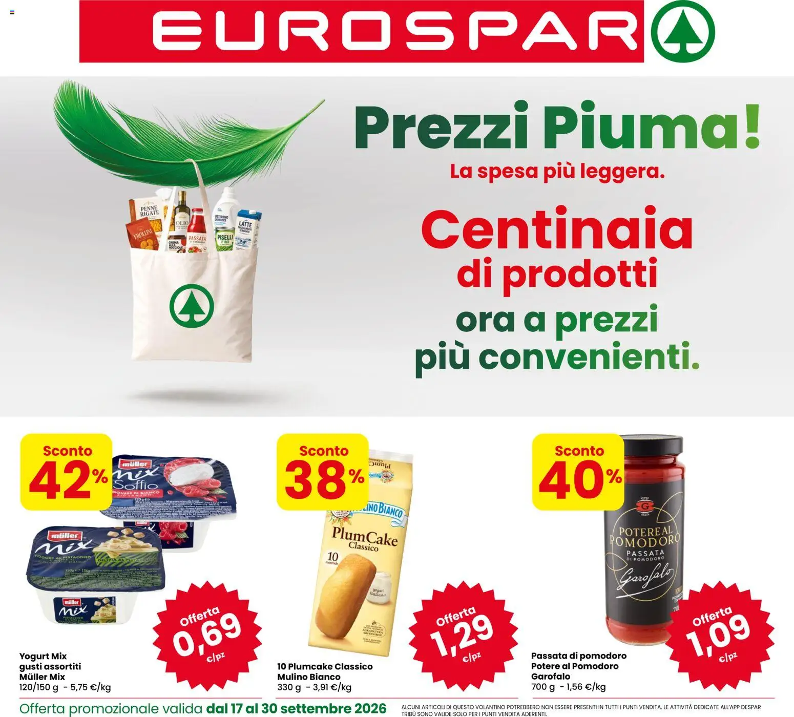 Volantino Eurospar del 17/09/2026 | Pagina: 1 | Prodotti: Crema, Latte, Piselli, Plumcake