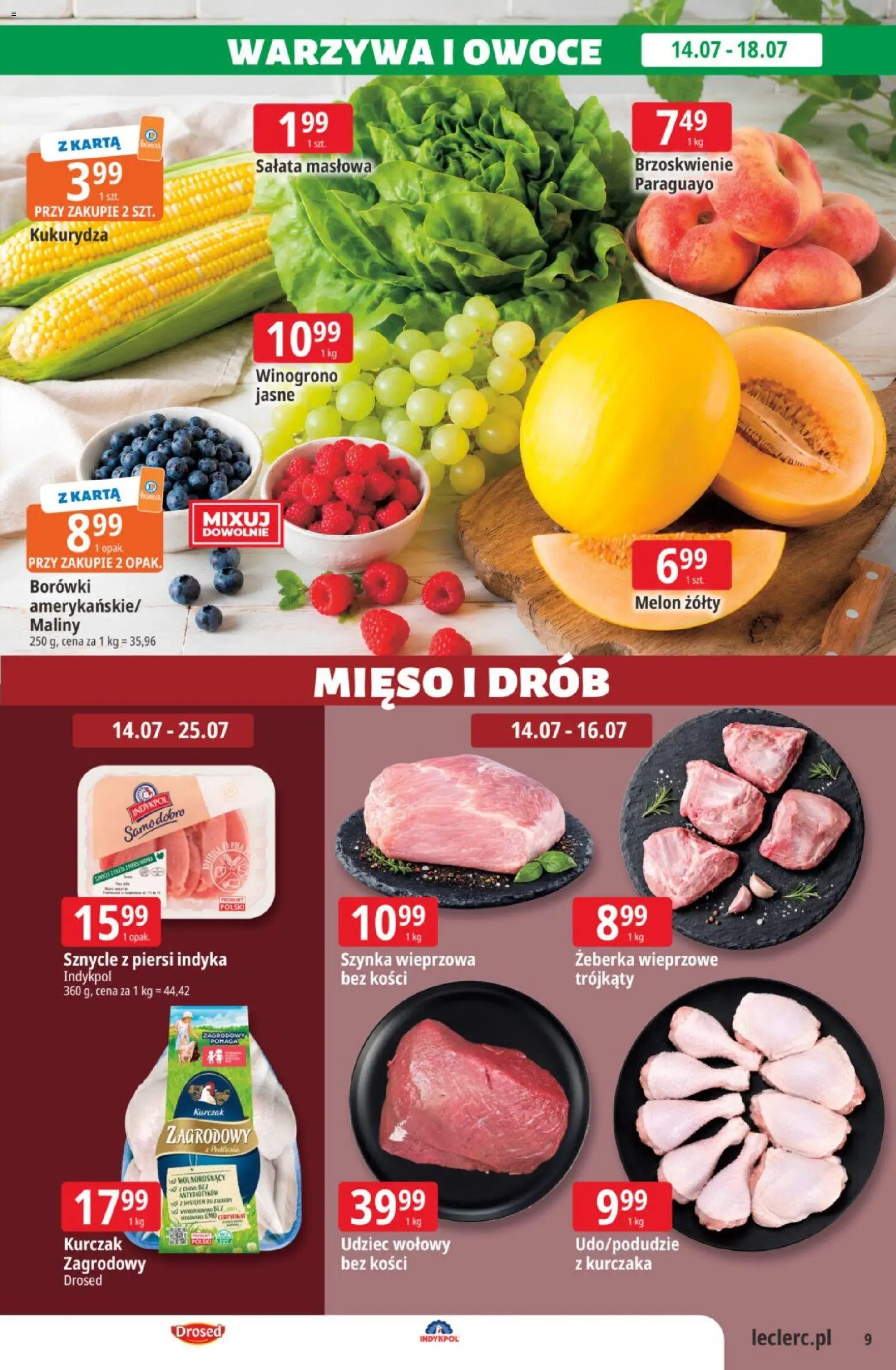 E.Leclerc gazetka od 14.07.2026 | Strona: 9 | Produkty: Melon, Maliny, Kurczak, Szynka