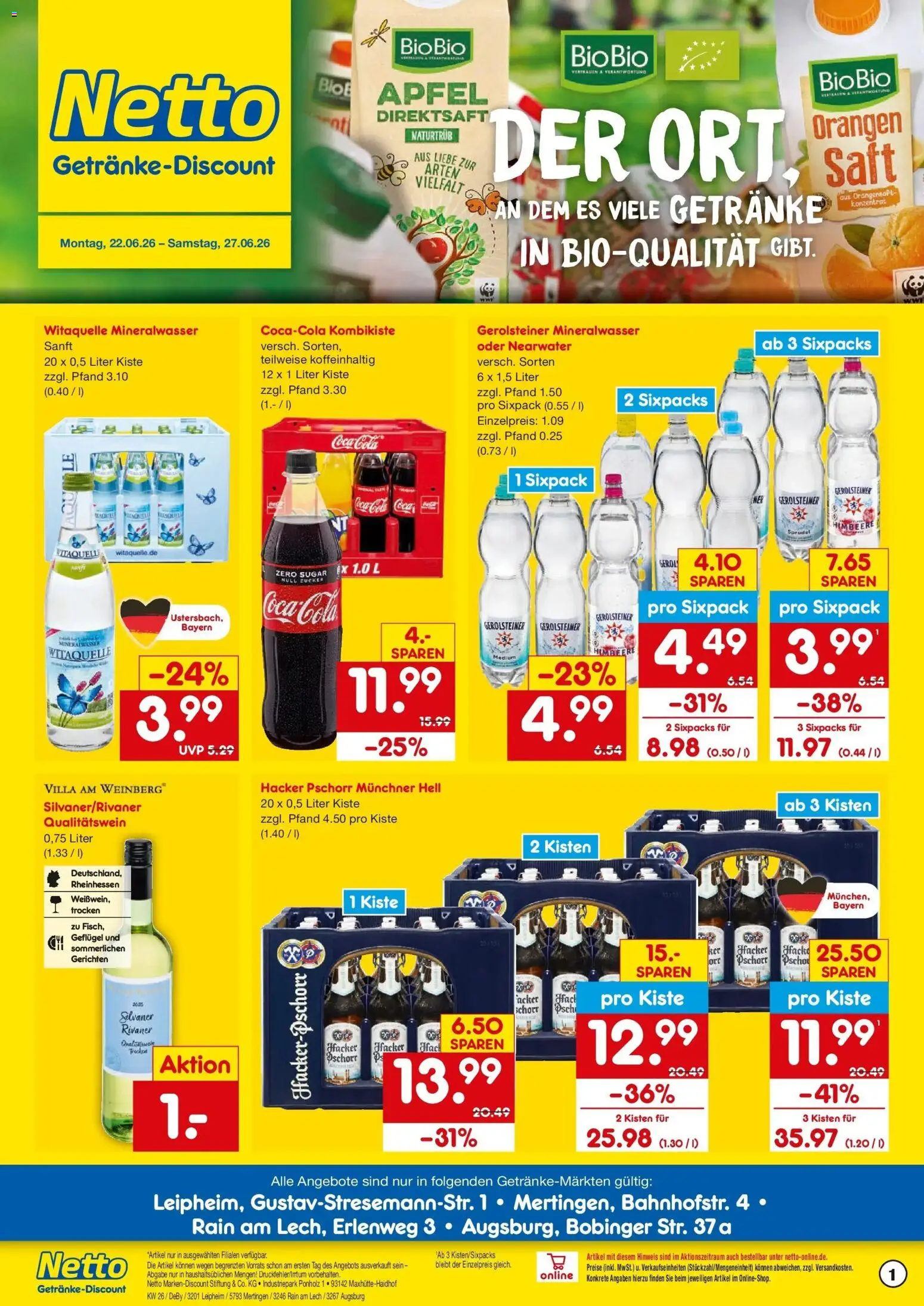 Netto Marken-Discount Prospekt Rain Am Lech – gültig ab 22.06.2026 | Seite: 1 | Produkte: Cola, Äpfel, Orangen, Himbeere