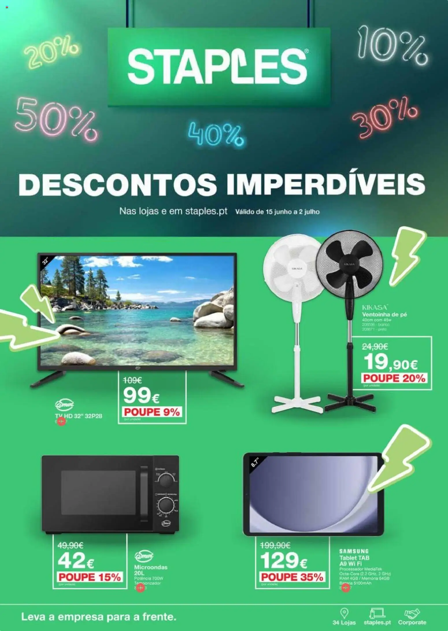 Staples Descontos Imperdíveis │ válido de 15.06.2026 | Página: 1 | Produtos: Banco, Microondas, Bateria, Tablet