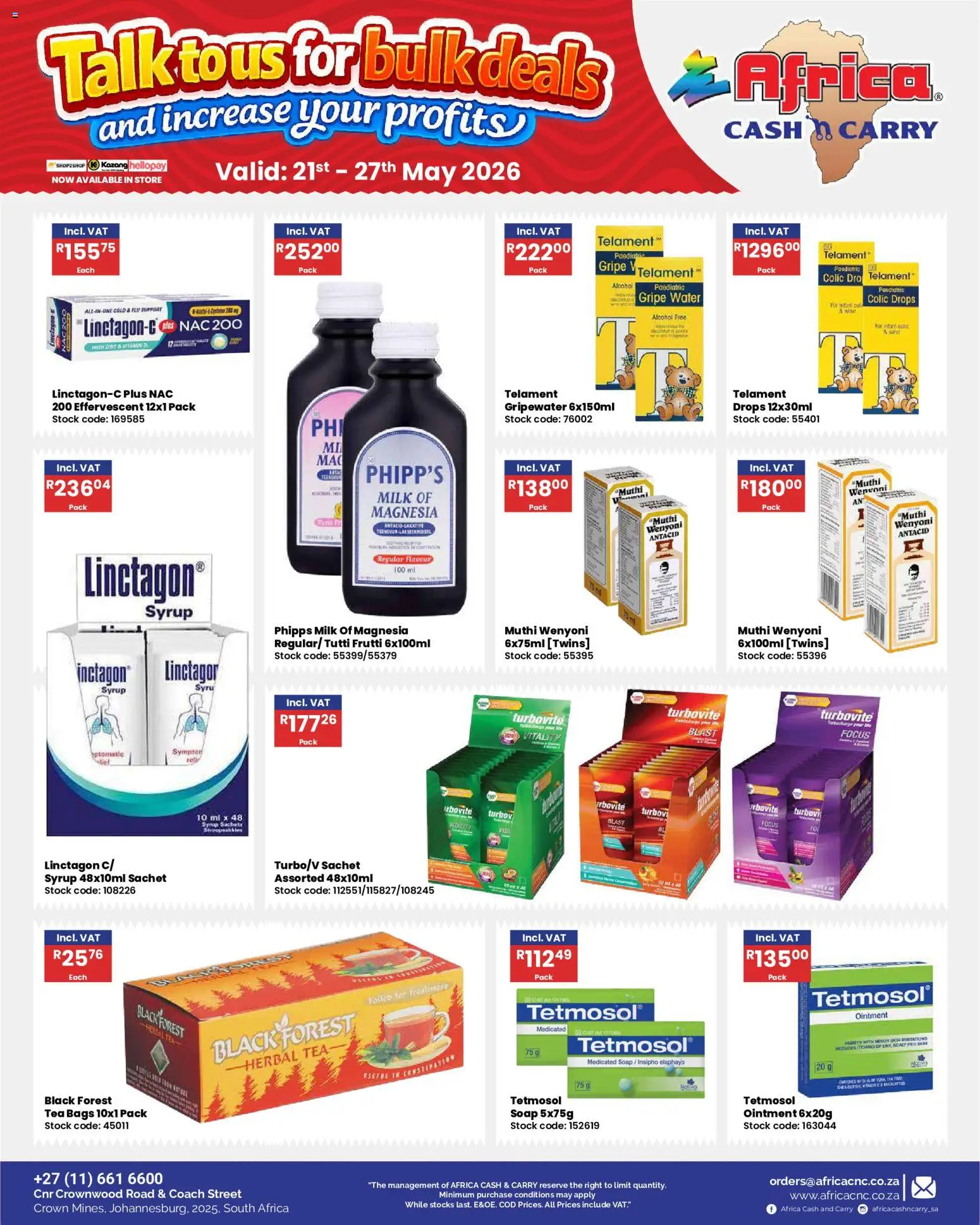 New Africa Cash & Carry catalogue – valid from 21.05.2026 | Page: 58 | Products: Milk, Tea, Syrup, Soap