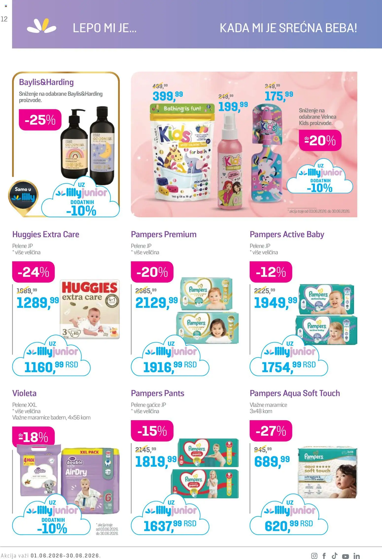 Lilly drogerie katalog - važi od 01.06.2026 | Strana: 12 | Proizvode: Pampers, Gaćice, Vlažne maramice, Pelene