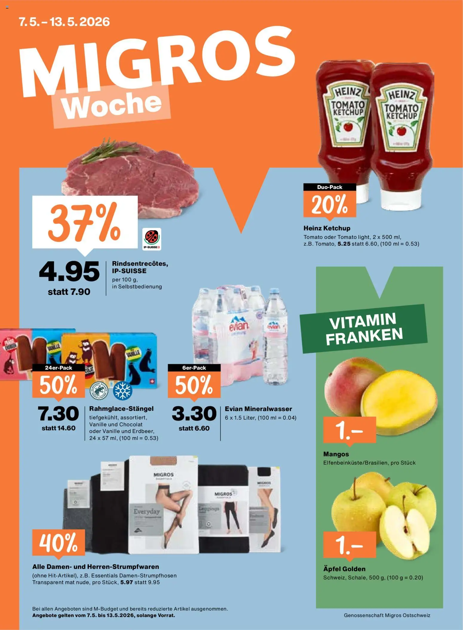 Migros aktionen – gültig ab 07.05.2026 | Seite: 1 | Produkte: Mineralwasser, Äpfel, Ketchup, Mango