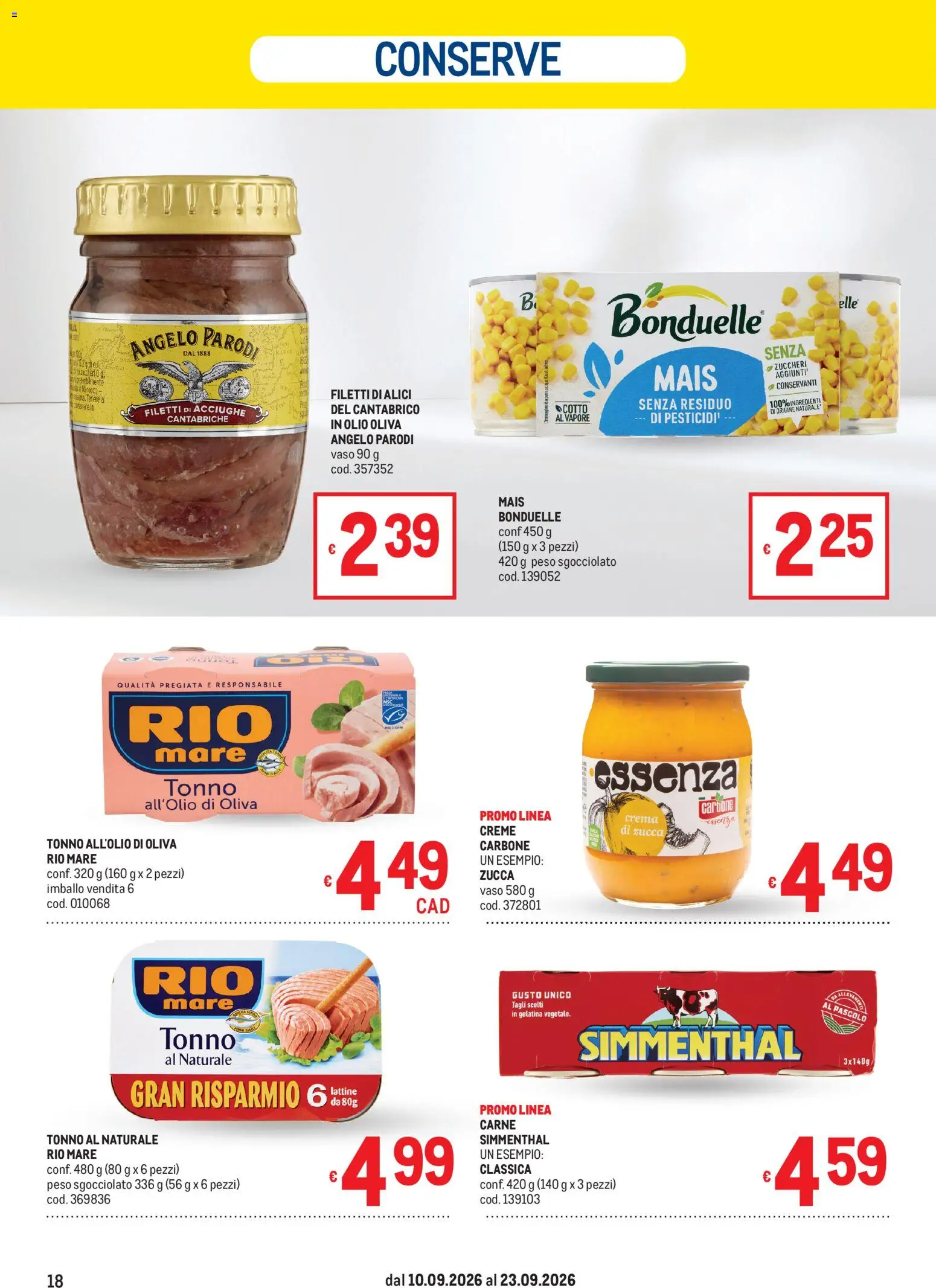Volantino Metro del 10/09/2026 | Pagina: 18 | Prodotti: Crema, Carbone, Alici, Vaso