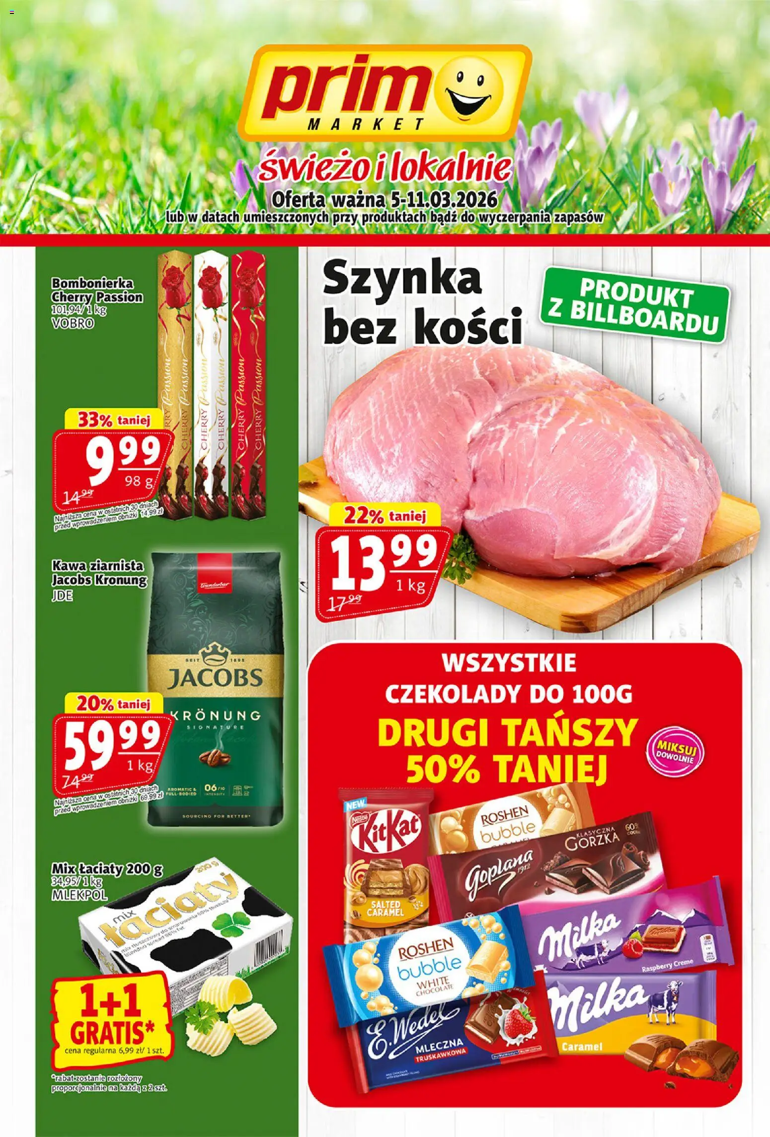 Prim Market gazetka od 05.03.2026 | Strona: 1 | Produkty: Czekolady, Kawa ziarnista, Szynka, Kawa