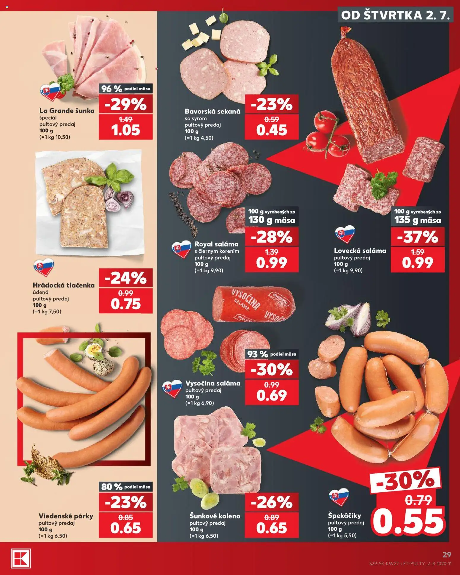 Nové Kaufland akcie – leták je platný od 02.07.2026 | Strana: 29 | Produkty: Saláma, Šunka, Párky