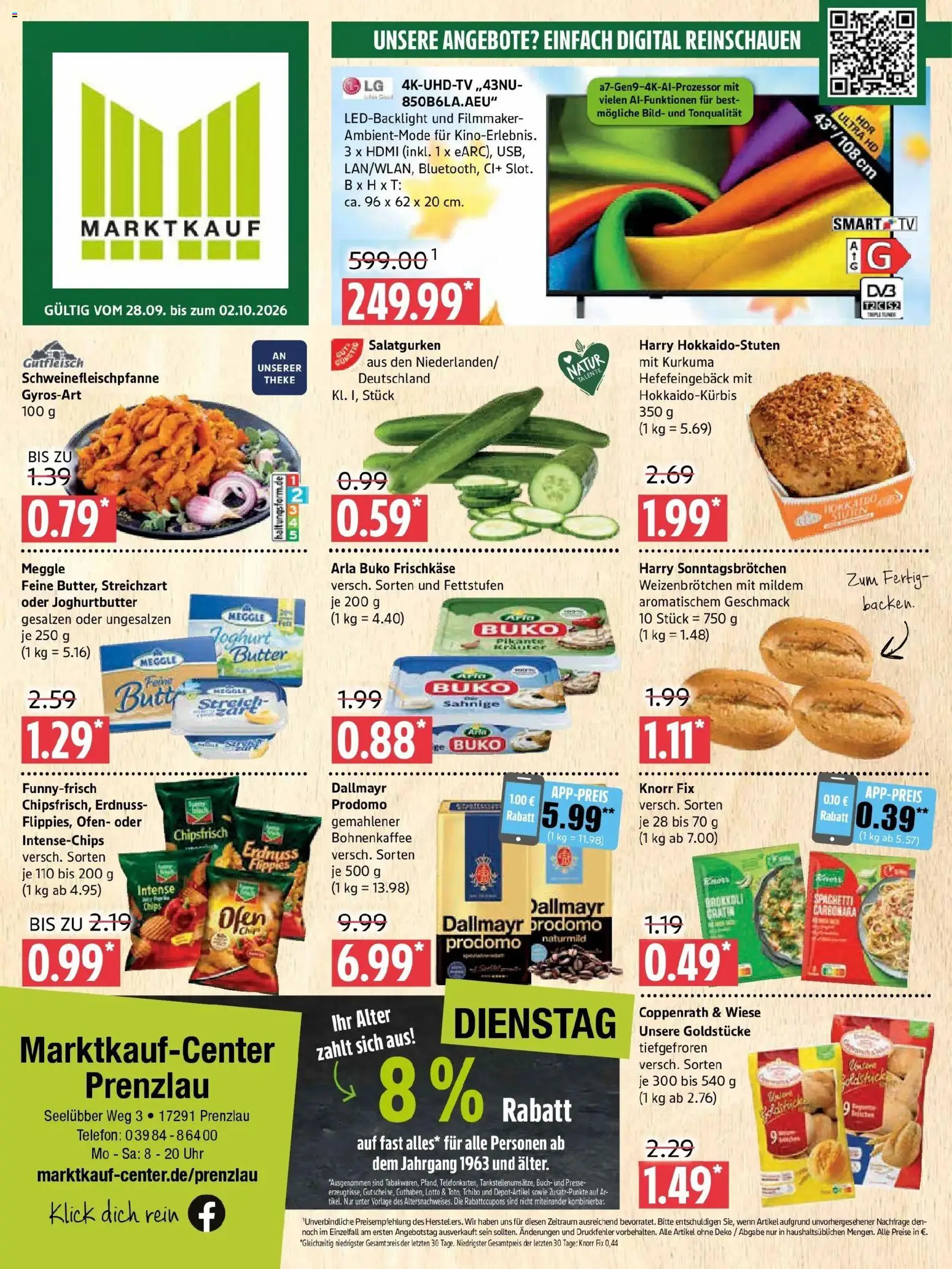 Marktkauf Prospekt Prenzlau (ab 28.09.2026) » Angebote online | Seite: 1 | Produkte: Spaghetti, Meggle butter, Telefon, Frischkase