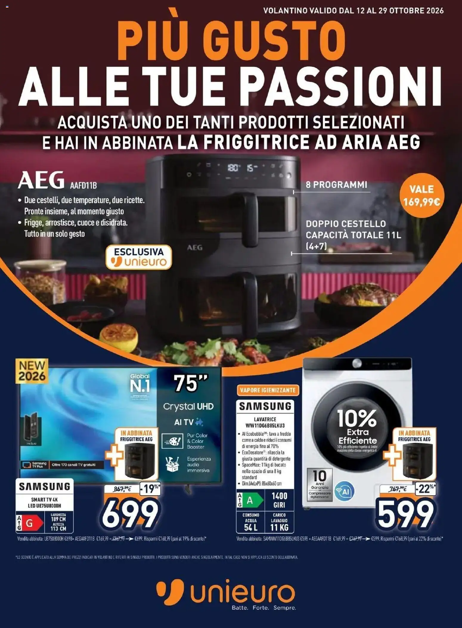 Volantino Unieuro del 12/10/2026 | Pagina: 1 | Prodotti: Detergente, smart TV, Compressore, Audio