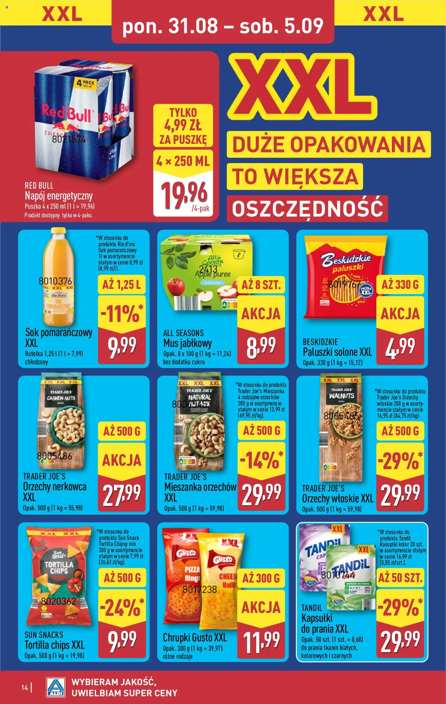Aldi gazetka od 31.08.2026 | Strona: 14 | Produkty: Sok pomarańczowy, Orzechy włoskie, Tortilla, Paluszki