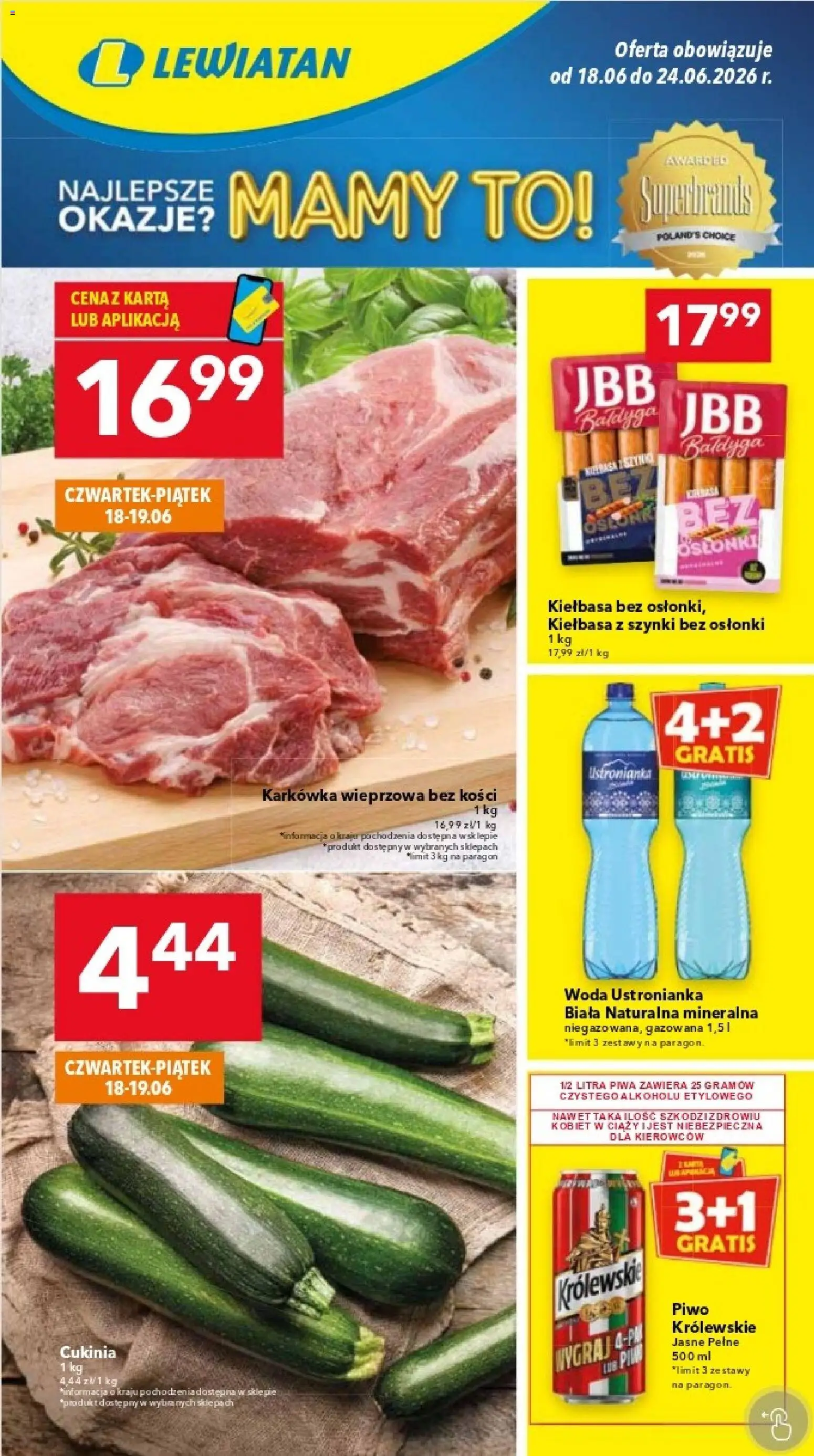 Lewiatan gazetka - Warszawa od 18.06.2026 | Strona: 1 | Produkty: Karkówka, Karkówka wieprzowa, Cukinia, Woda