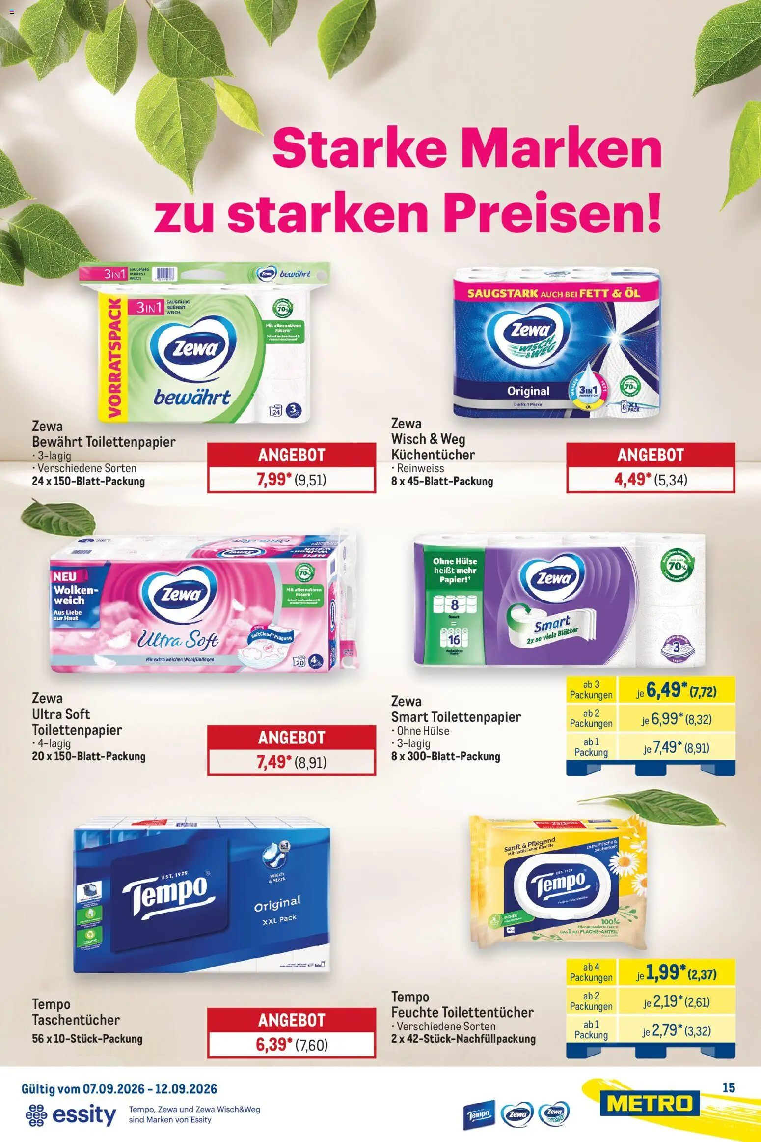 Metro Starke Marken – gültig ab 07.09.2026 | Seite: 15 | Produkte: Zewa, Wasser, Tempo, Toilettenpapier