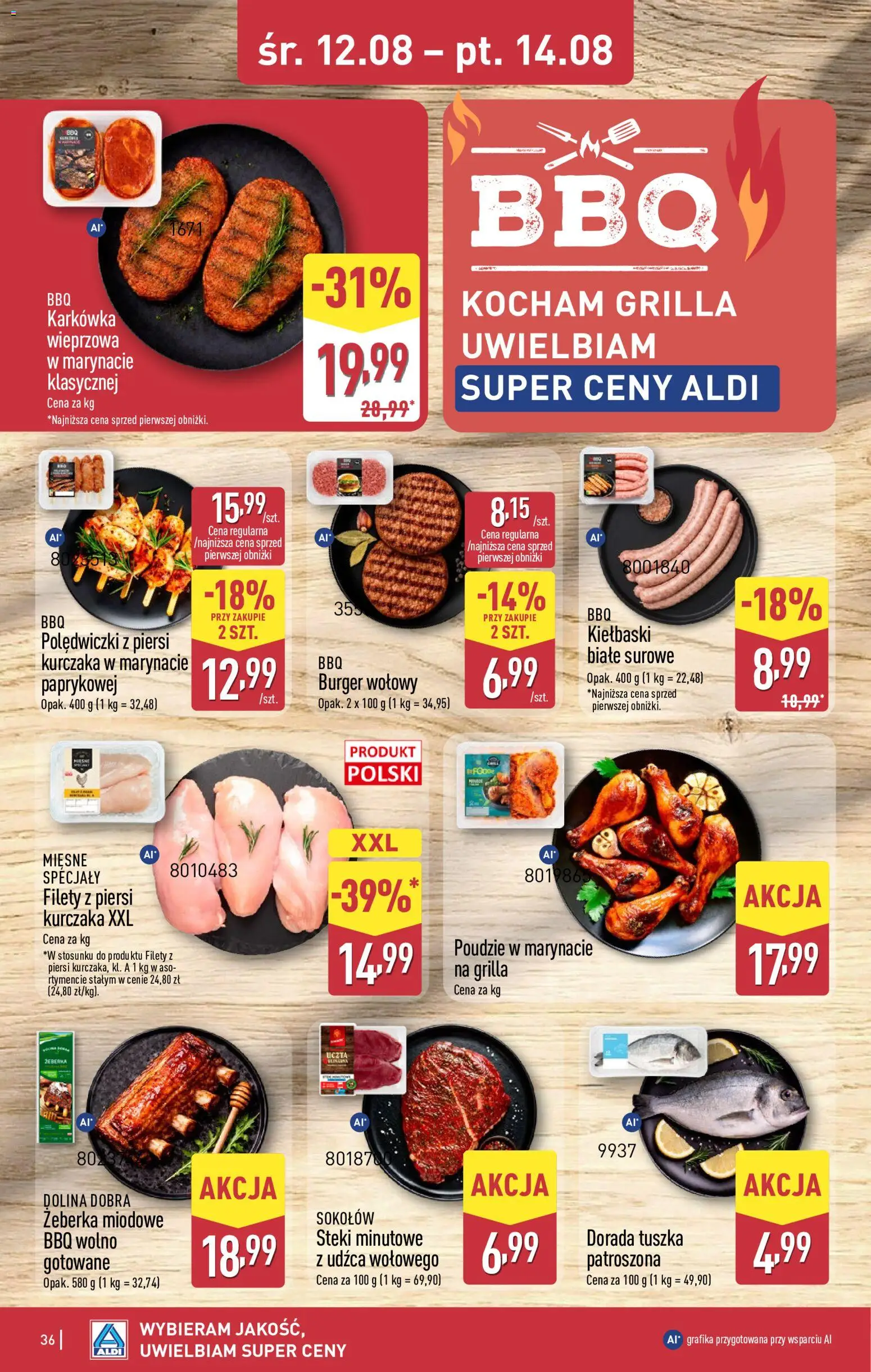 Aldi gazetka od 10.08.2026 | Strona: 36 | Produkty: Burger wołowy, Piersi, Karkówka wieprzowa, Burger