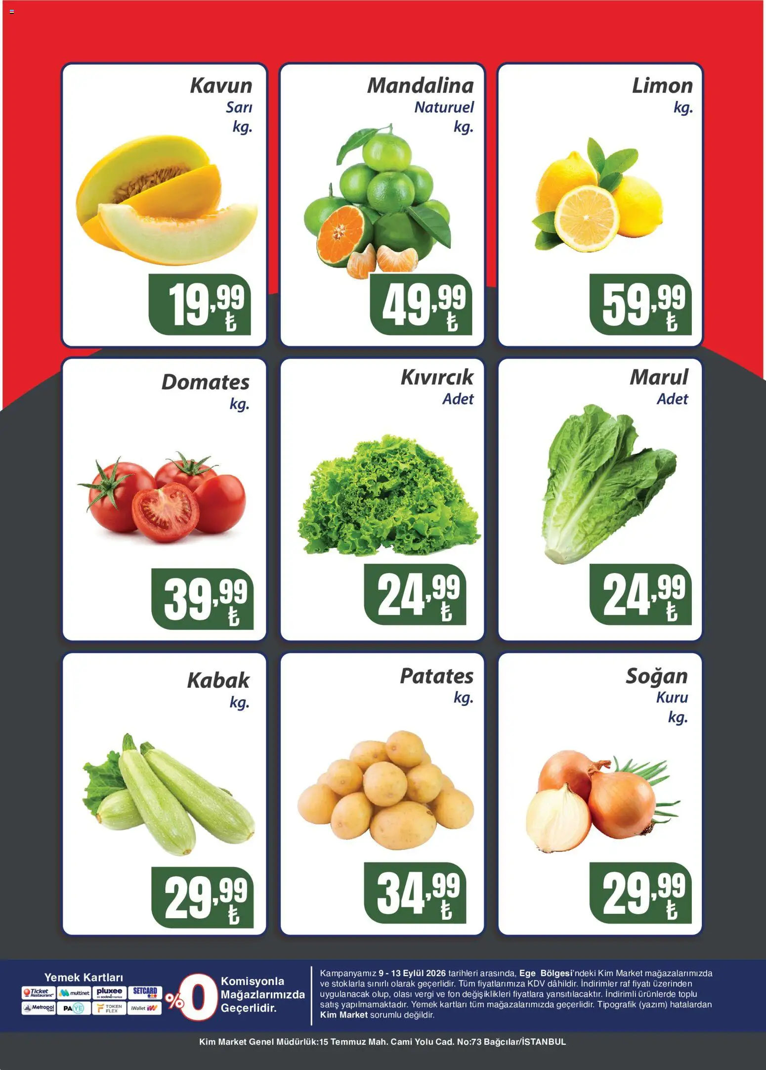 Kim Market Katalog - Sebze ve meyve - Ege - 09 Eylül 2026 tarihinden itibaren geçerlidir | Sayfa: 2 | Ürünler: Raf, Domates, Limon, Marul
