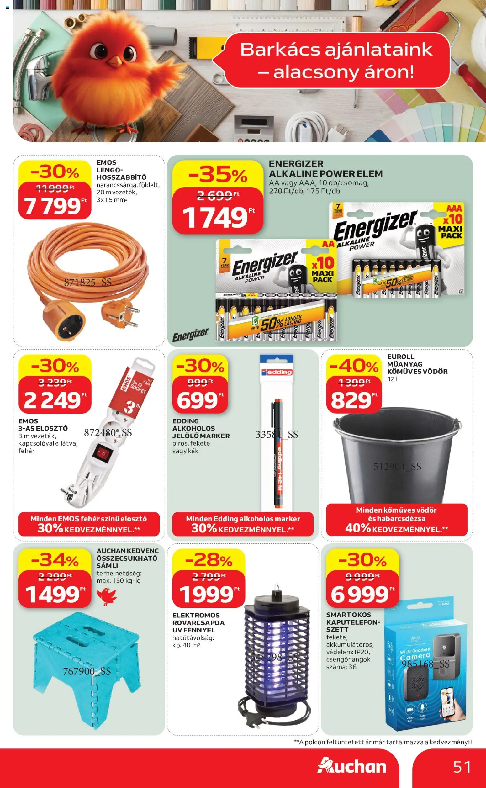 Auchan akciós ujság - amely érvényes a következő dátumtól: 2026.07.16. | Oldal: 51 | Termékek: Hosszabbító, Elektromos rovarcsapda, Vödör, Elem