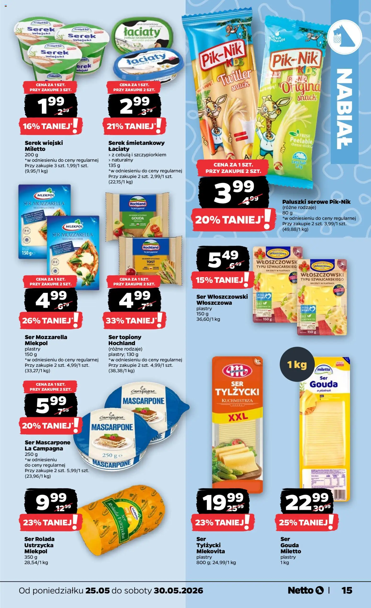 Netto gazetka od poniedziałku spożywcza od 25.05.2026 | Strona: 15 | Produkty: Ser topiony, Rolada, Serek wiejski, Paluszki serowe