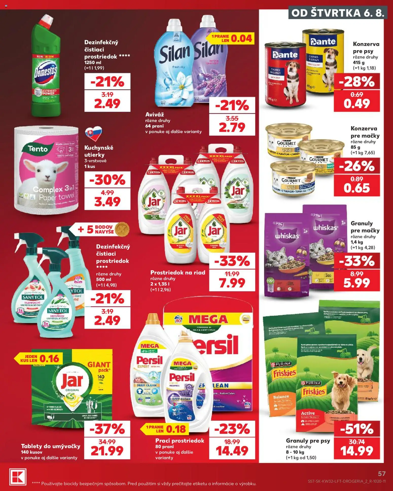 Nové Kaufland akcie – leták je platný od 06.08.2026 | Strana: 57 | Produkty: Friskies, Sanytol, Čistiaci prostriedok, Domestos