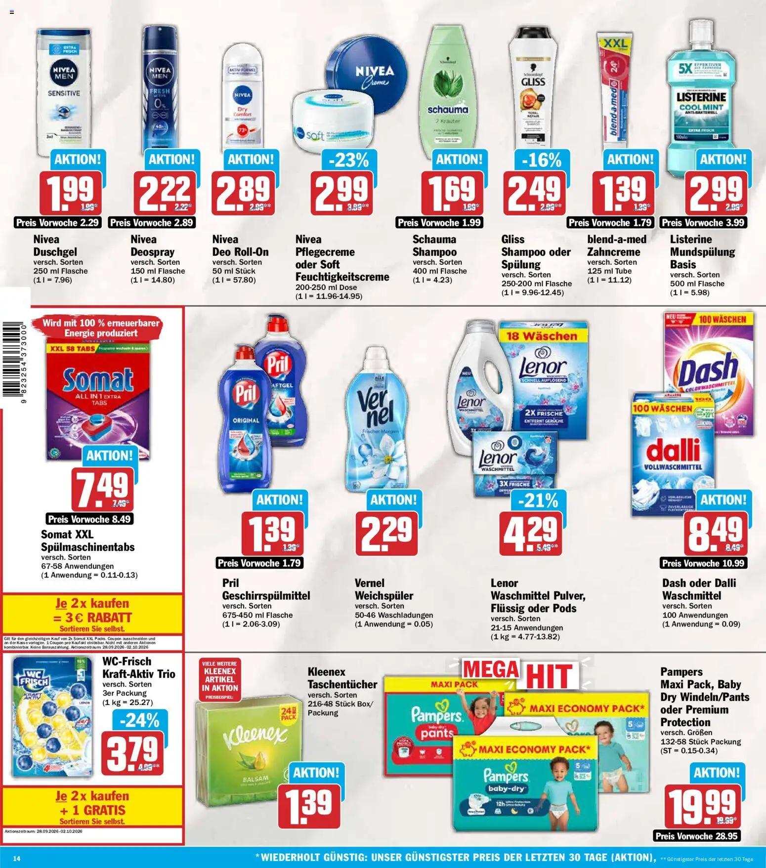 AEZ Prospekt – gültig ab 28.09.2026 | Seite: 14 | Produkte: Pampers, Spülung, Geschirrspülmittel, Listerine