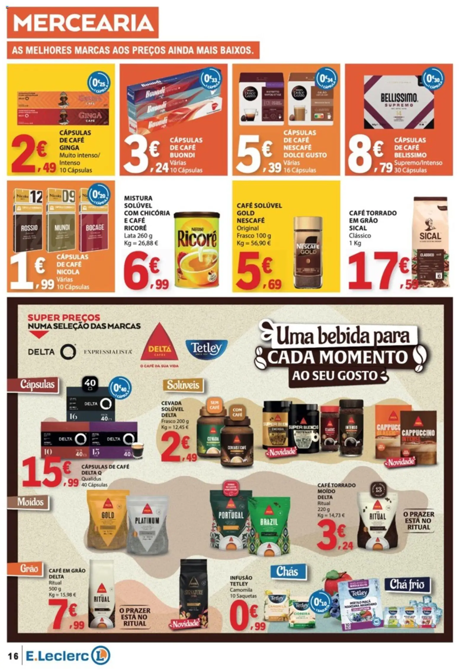 E.Leclerc folheto │ válido de 07.05.2026 | Página: 16 | Produtos: Cafe buondi, Delta q, Dolce gusto, Bebida