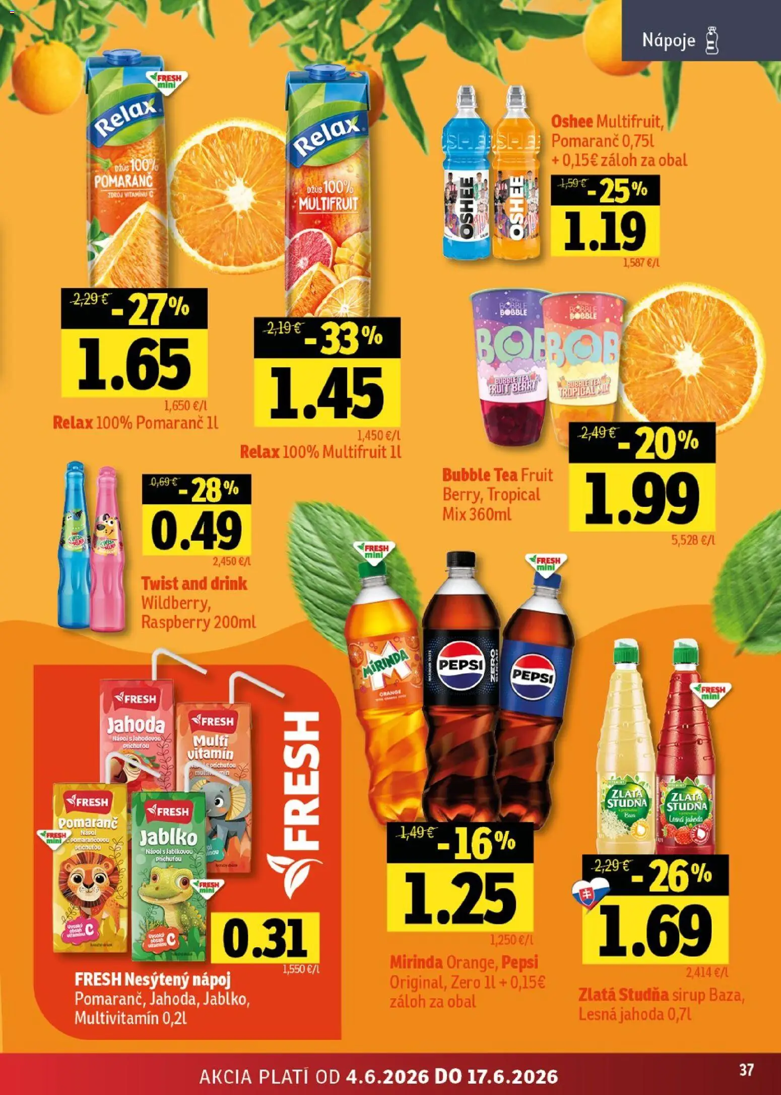 Nové Fresh akcie – leták je platný od 04.06.2026 | Strana: 37 | Produkty: Džús, Pepsi, Mirinda
