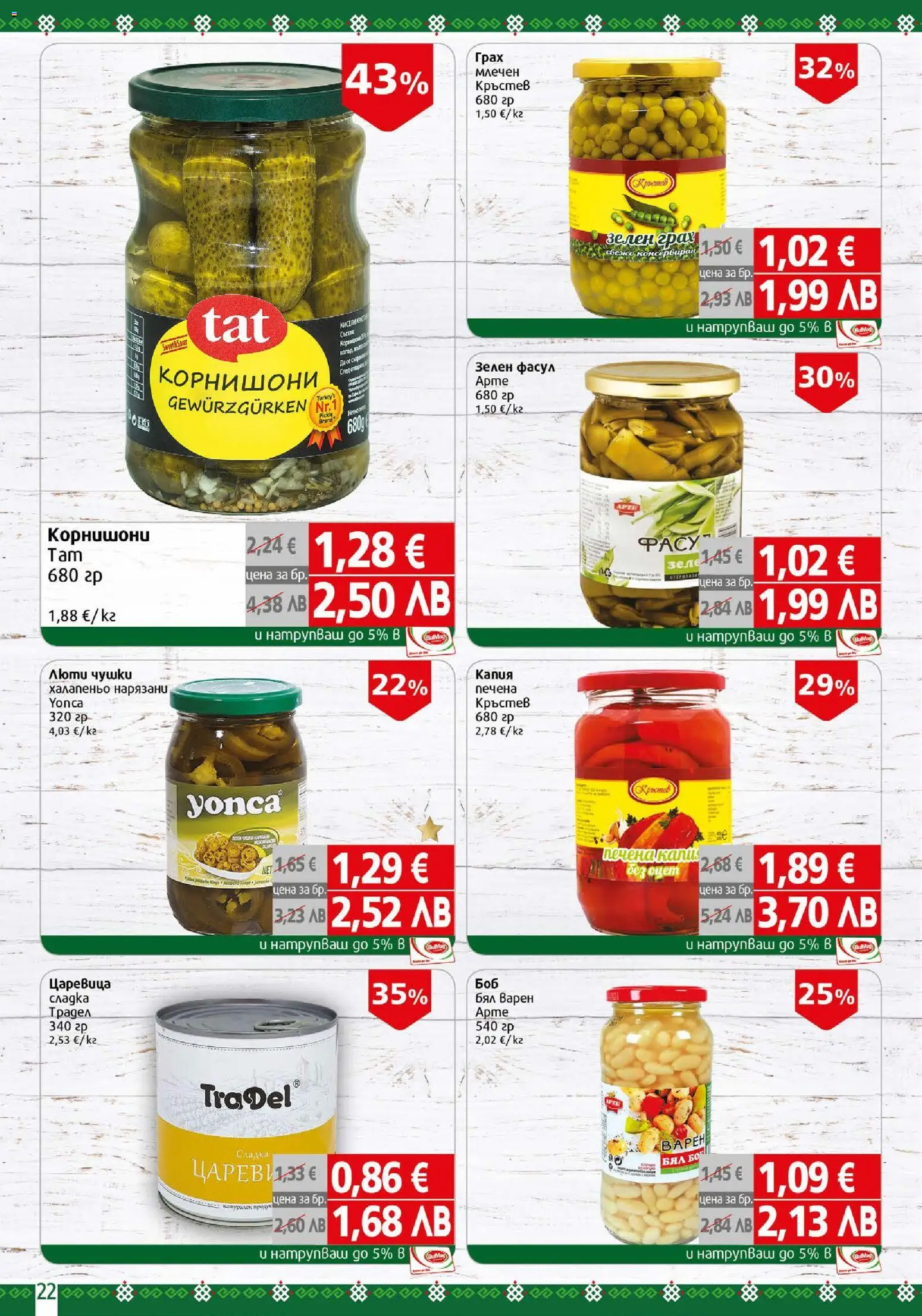 {H1} | Страница: 22 | Продукти: Грах, Корнишони, Царевица