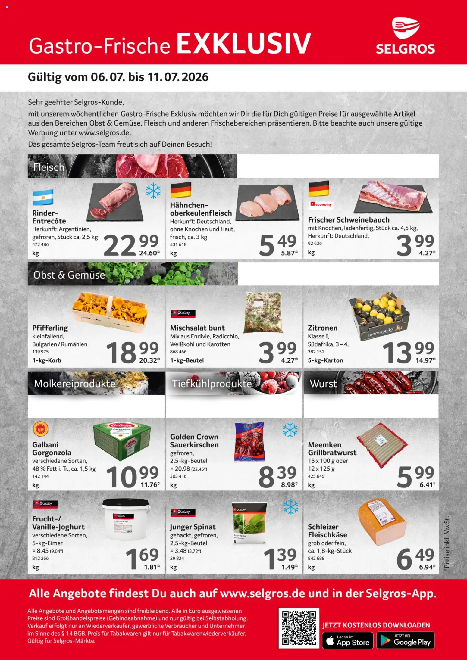 Selgros Gastro Angebote – gültig ab 06.07.2026 | Seite: 1 | Produkte: Schweinebauch, Entrecote, Meemken, Zitronen
