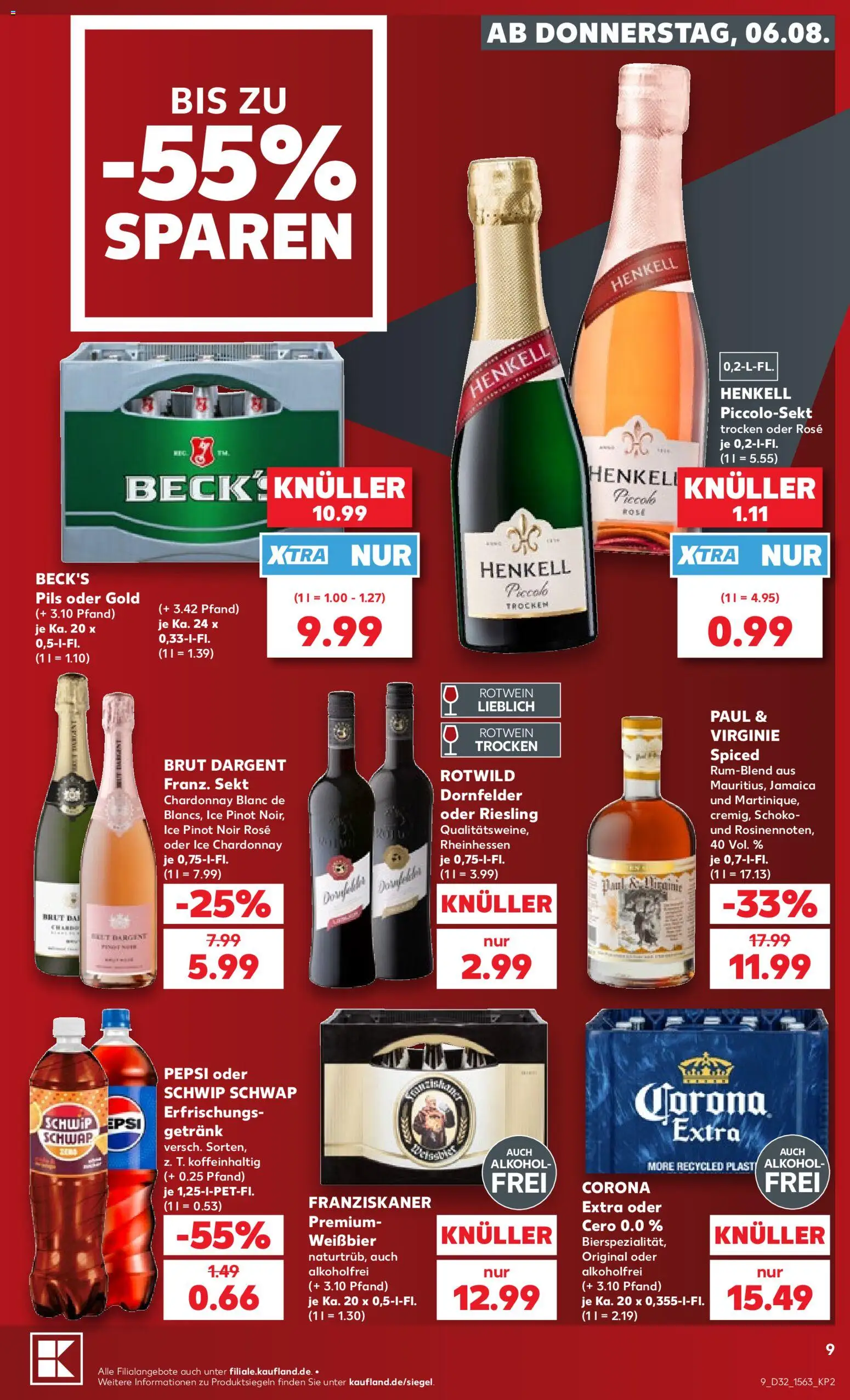 Kaufland Prospekt Kiel – gültig ab 06.08.2026 | Seite: 9 | Produkte: Weißbier, Rotwein, Schwip schwap, Brut dargent