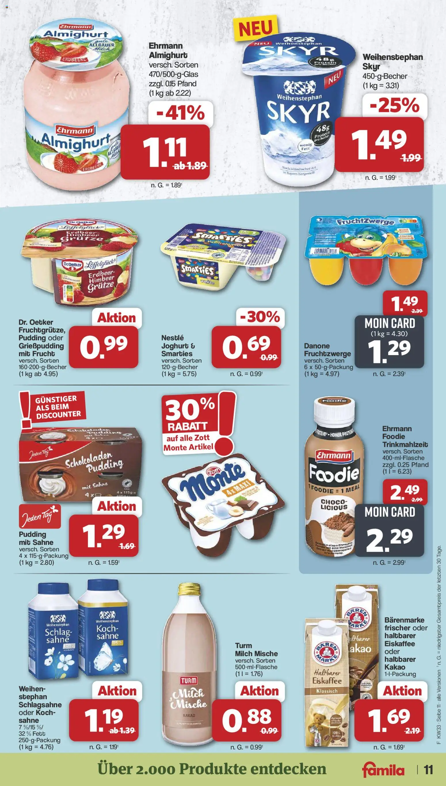 Famila Nordwest Prospekt – gültig ab 10.08.2026 | Seite: 11 | Produkte: Ehrmann almighurt, Schlagsahne, Smarties, Sahne