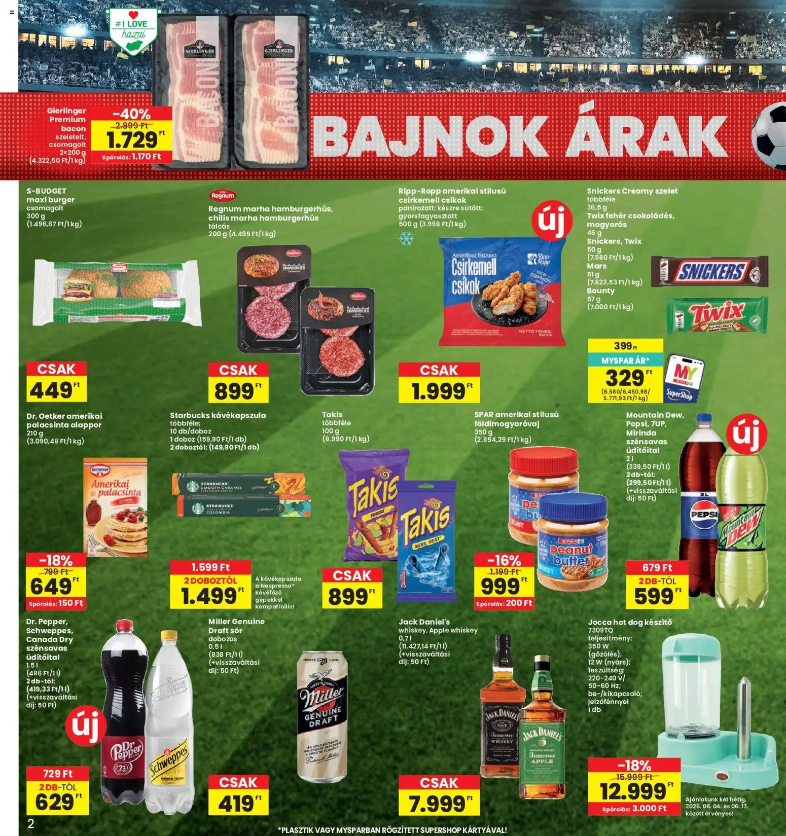 Interspar akciós ujság - amely érvényes a következő dátumtól: 04.06.2026 | Oldal: 2 | Termékek: Hot dog, Hamburger, Bacon, Doboz
