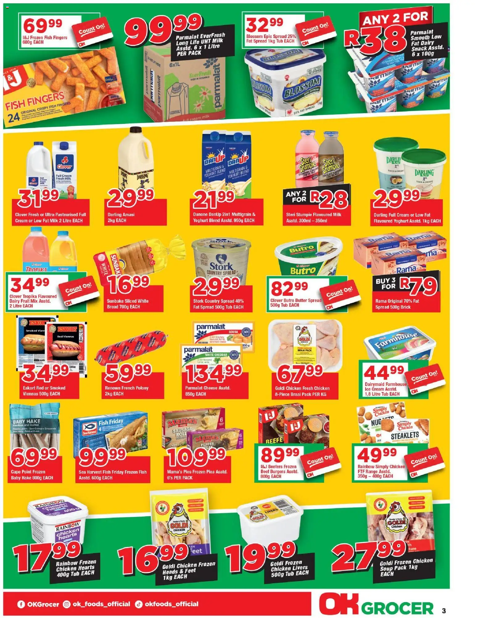 New OK Foods catalogue – valid from 24/06/2026 | Page: 3 | Products: Fish, Beef, Fat spread, Fruit