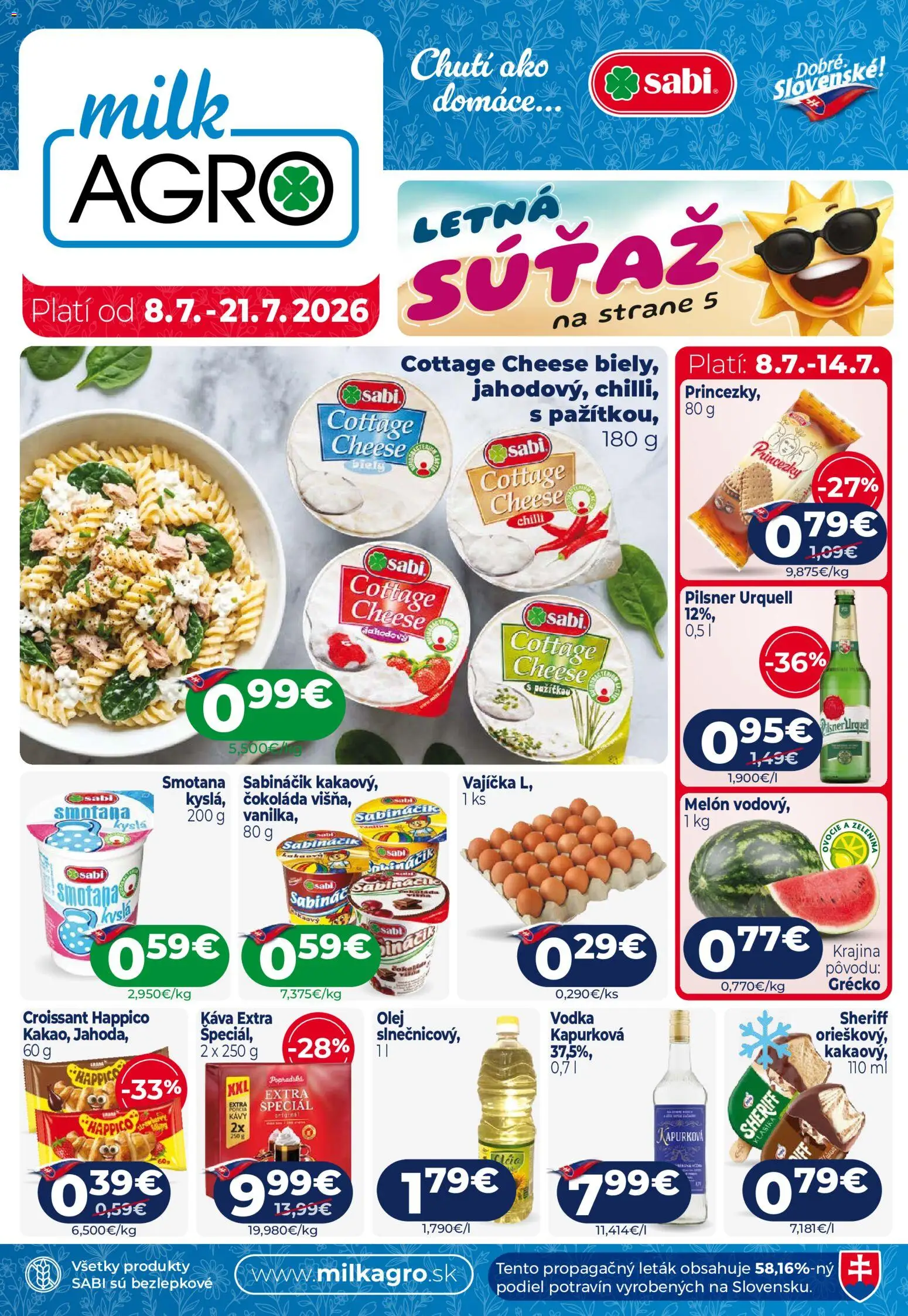 Nové Milk Agro akcie – leták je platný od 08.07.2026 | Strana: 1 | Produkty: Pilsner Urquell, Croissant, Smotana, Melón